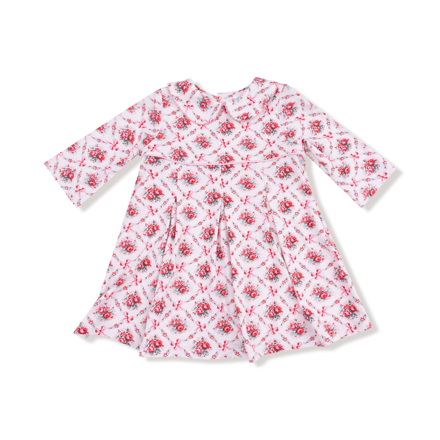 Box Pleat Dress with 3/4 Sleeve + Peter Pan Collar & Diaper Cover in our Rose Bow Lattice print from Angel Dear
