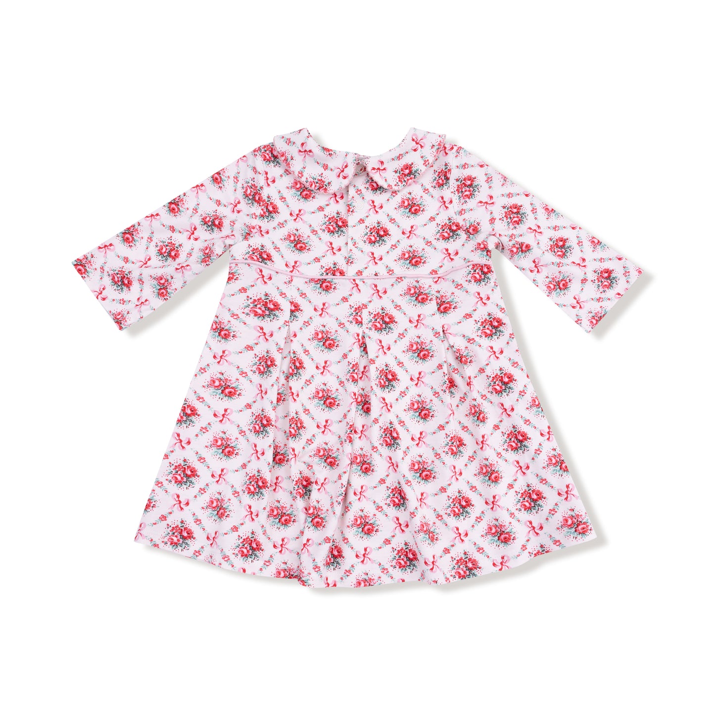 Box Pleat Dress with 3/4 Sleeve + Peter Pan Collar & Diaper Cover in our Rose Bow Lattice print from Angel Dear