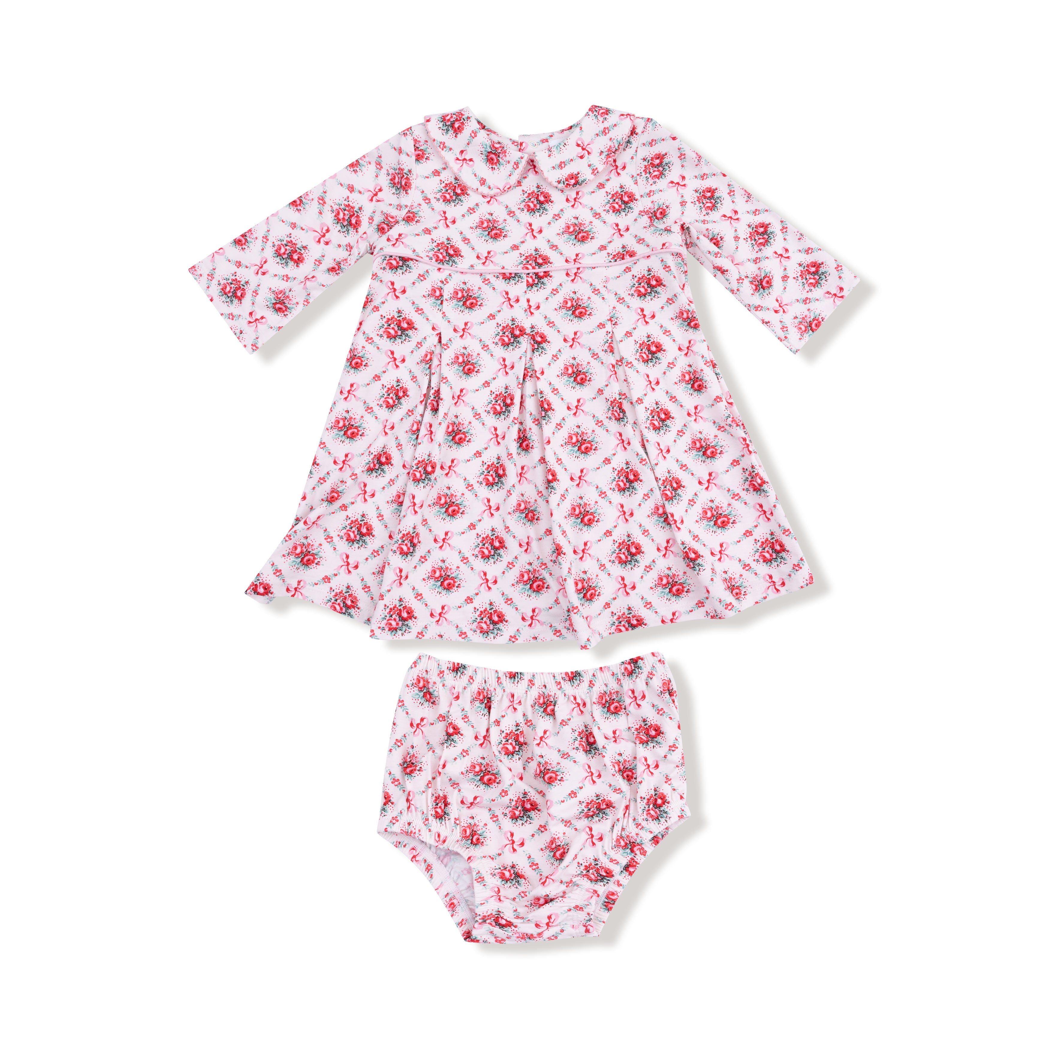 Box Pleat Dress with 3/4 Sleeve + Peter Pan Collar & Diaper Cover in our Rose Bow Lattice print from Angel Dear