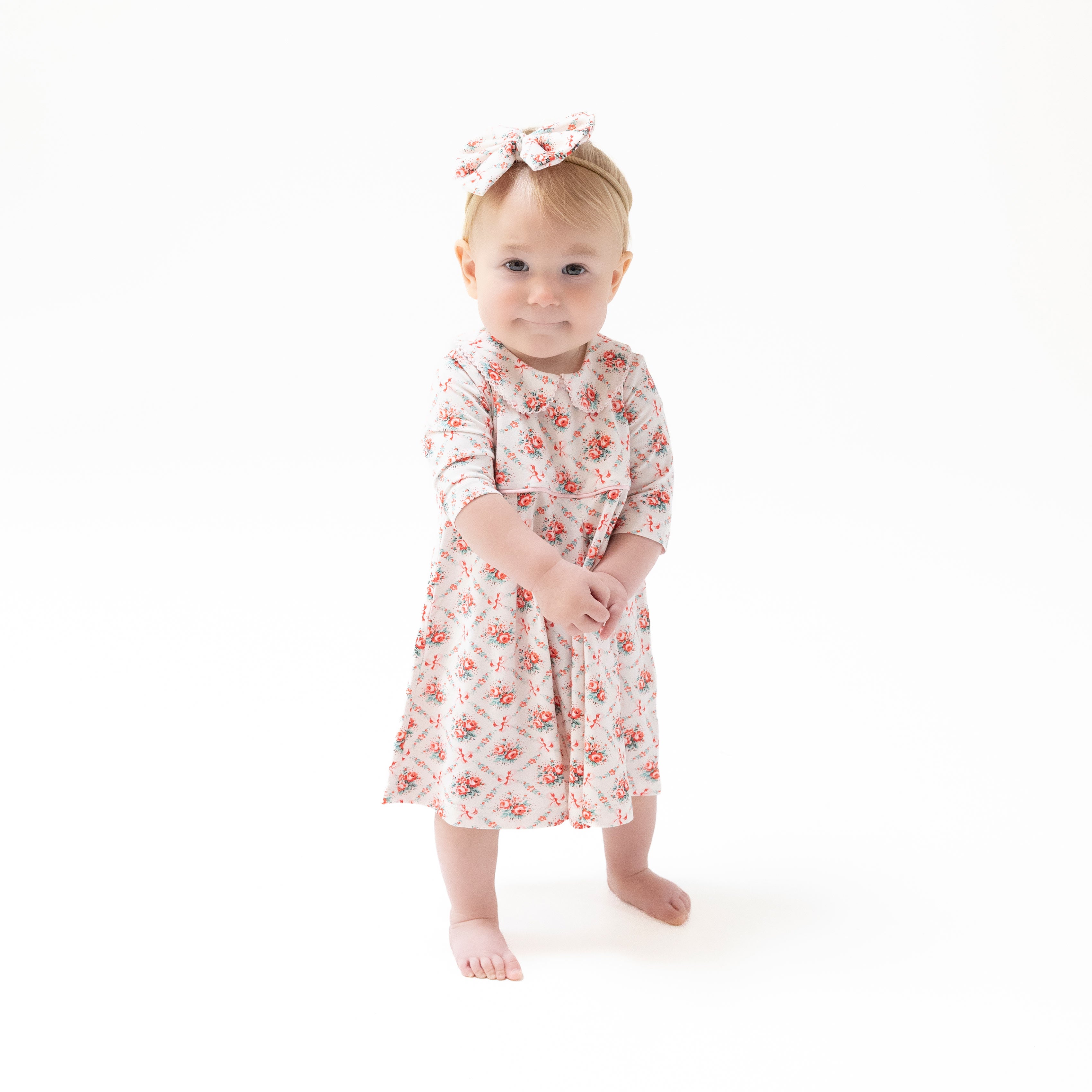 Box Pleat Dress with 3/4 Sleeve + Peter Pan Collar & Diaper Cover in our Rose Bow Lattice print from Angel Dear