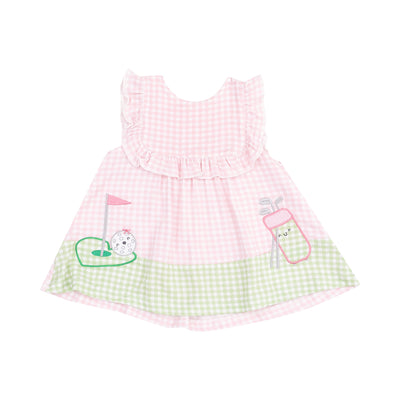 Ruffle Top with Applique & Bloomer - Golf Pink Mini Gingham