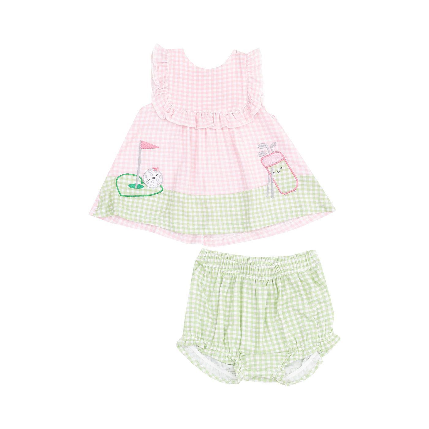 Ruffle Top with Applique & Bloomer - Golf Pink Mini Gingham