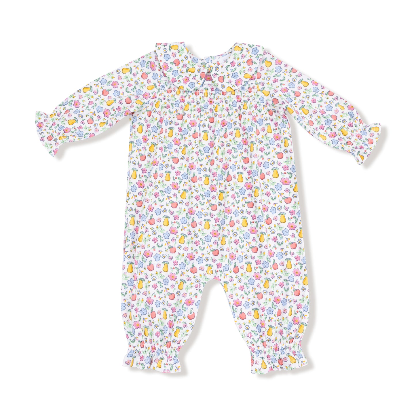 Smocked Long Sleeve Romper with Peter Pan Collar in our  Fall Fruit Floral print from Angel Dear