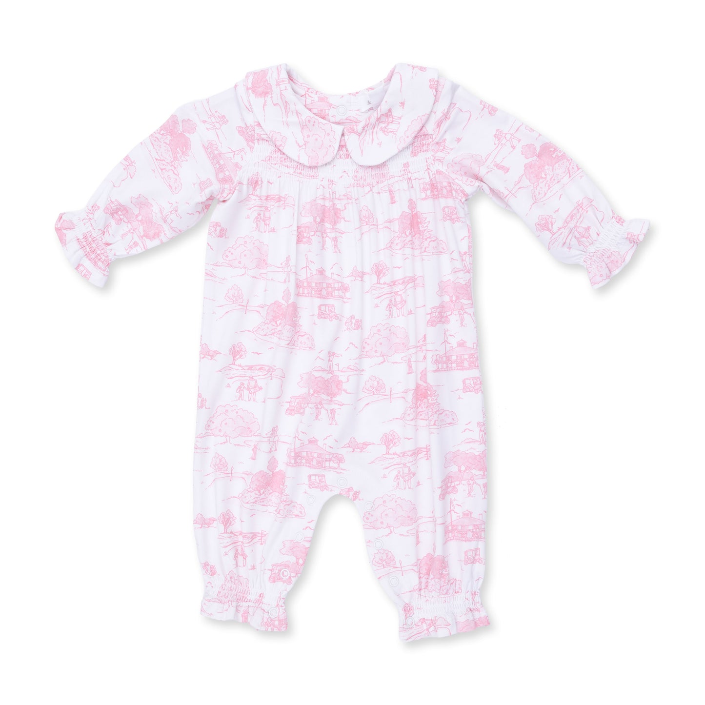 Golf Toile Pink - Smocked Long Sleeve Romper