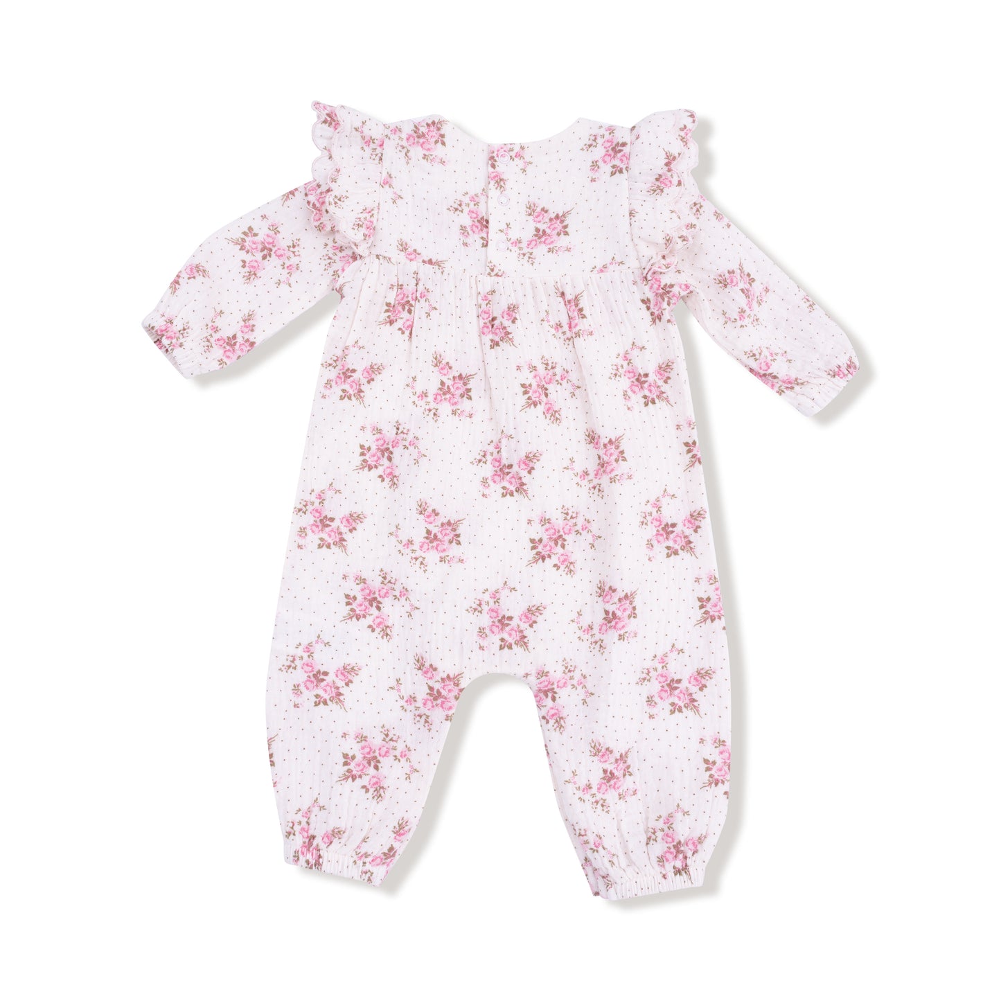 Long Sleeve Petal Ruffle Romper in our  Belle Rosette Dot print from Angel Dear