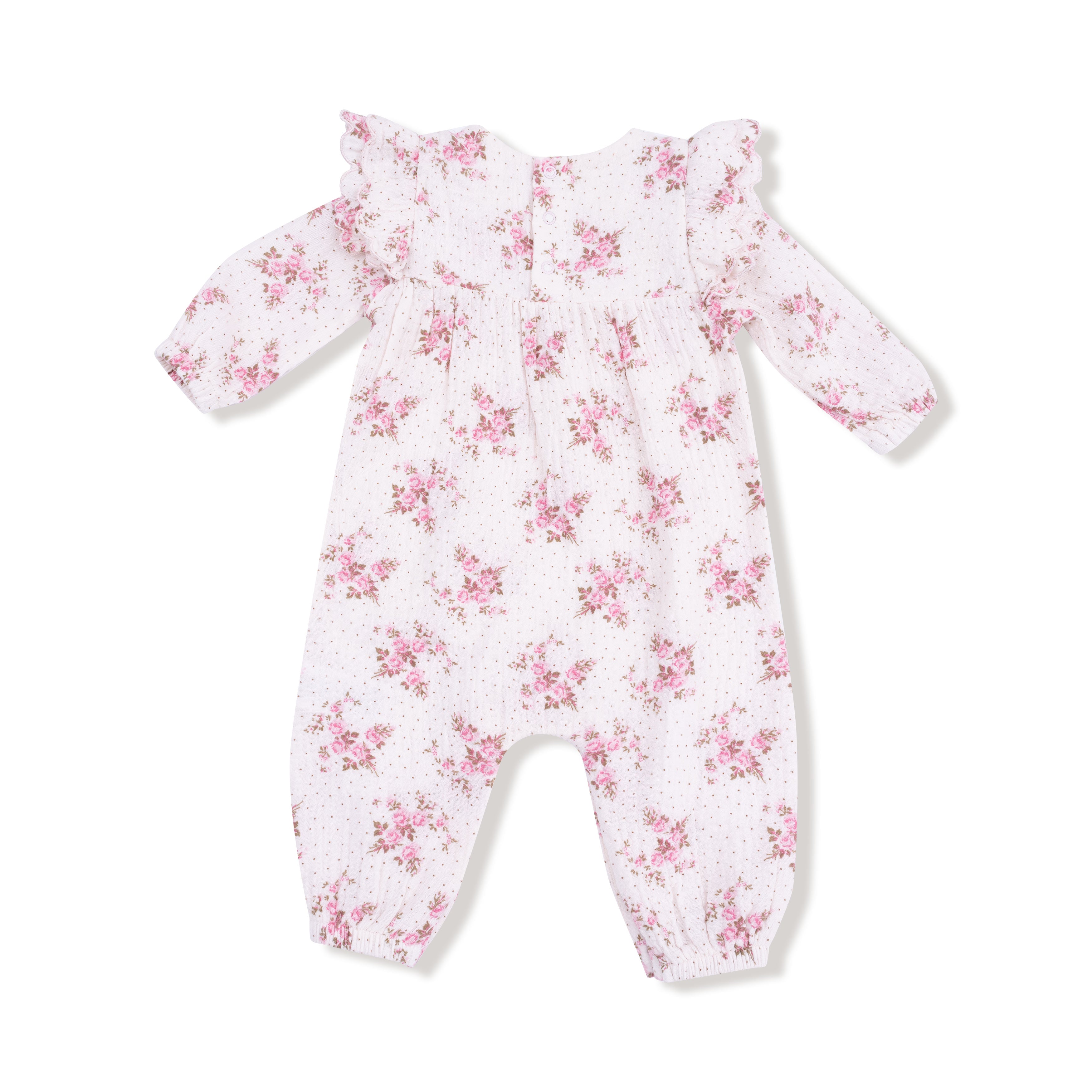 Long Sleeve Petal Ruffle Romper in our  Belle Rosette Dot print from Angel Dear