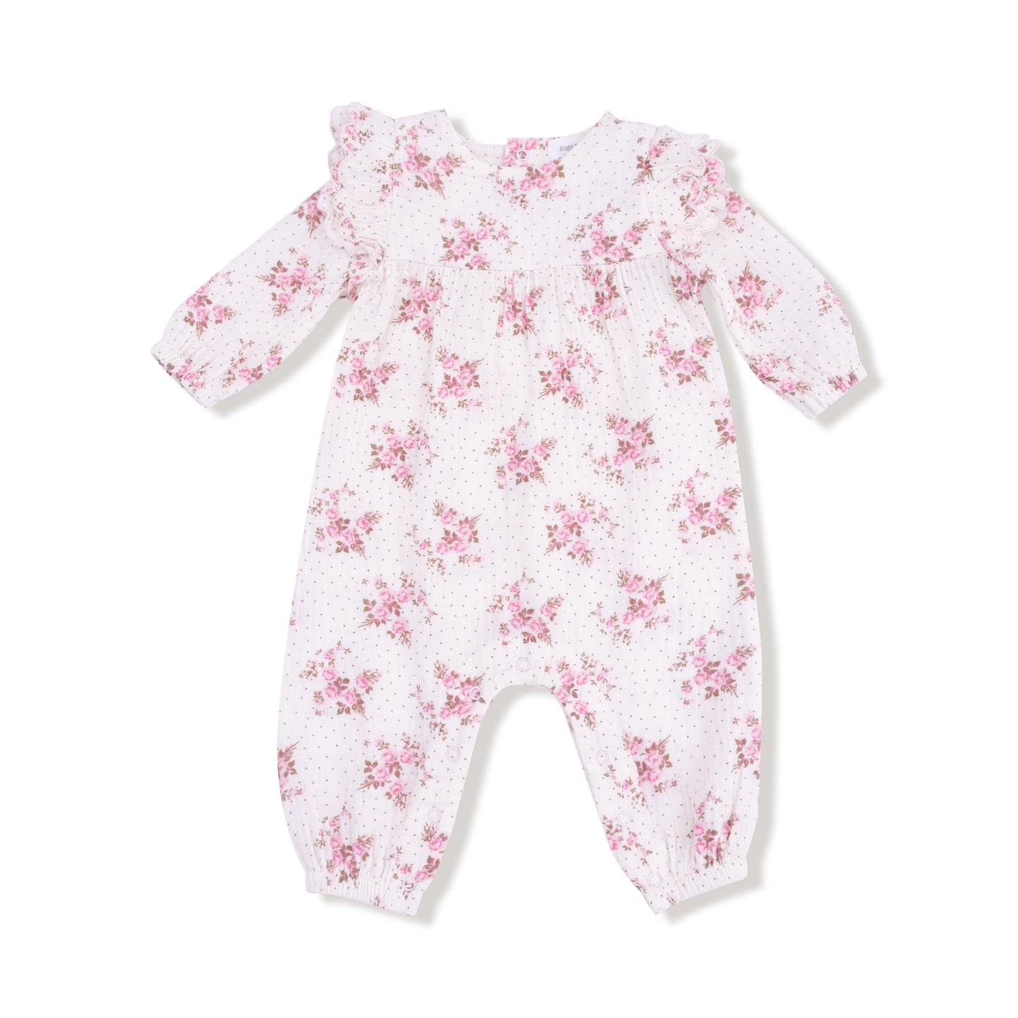 Long Sleeve Petal Ruffle Romper in our  Belle Rosette Dot print from Angel Dear