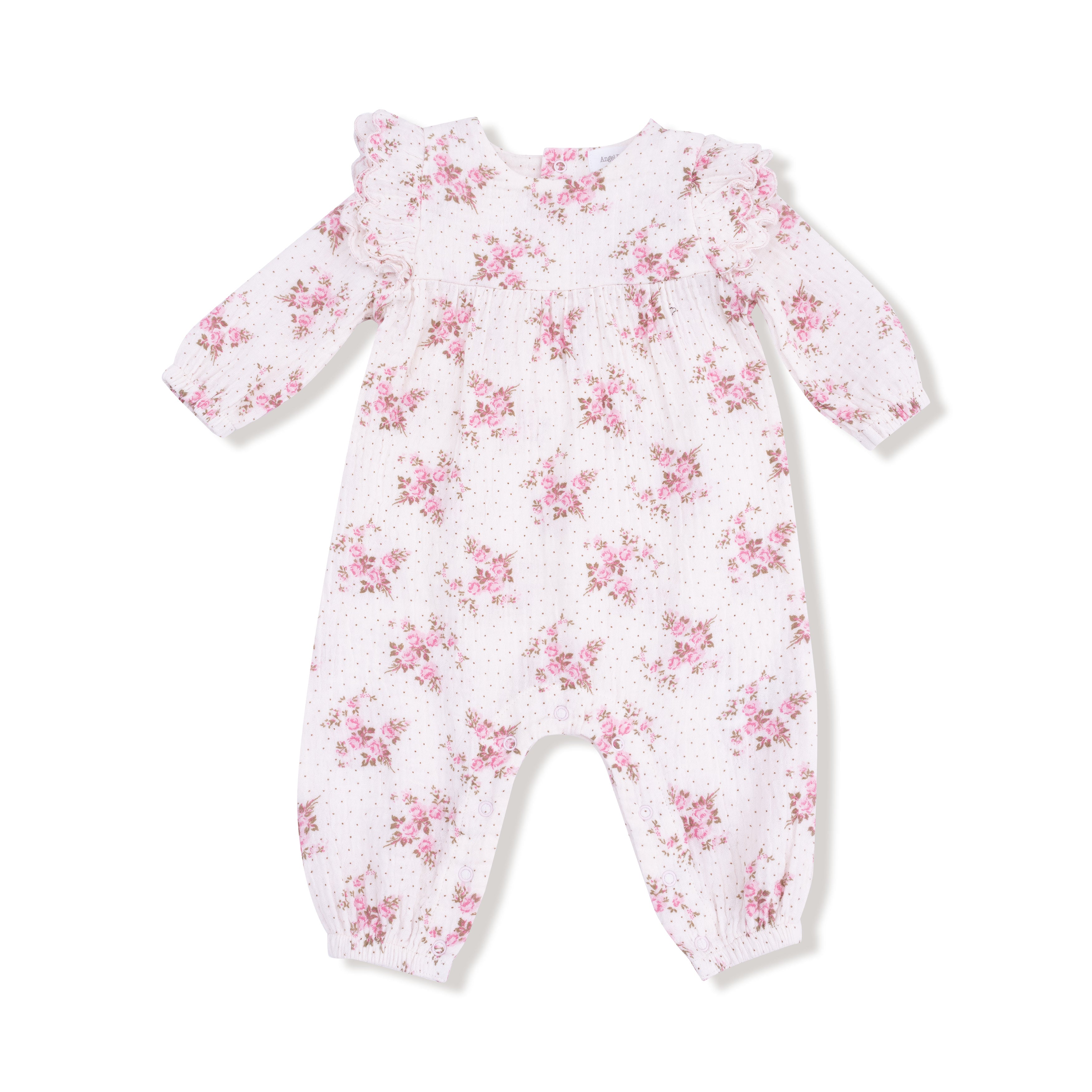 Long Sleeve Petal Ruffle Romper in our  Belle Rosette Dot print from Angel Dear