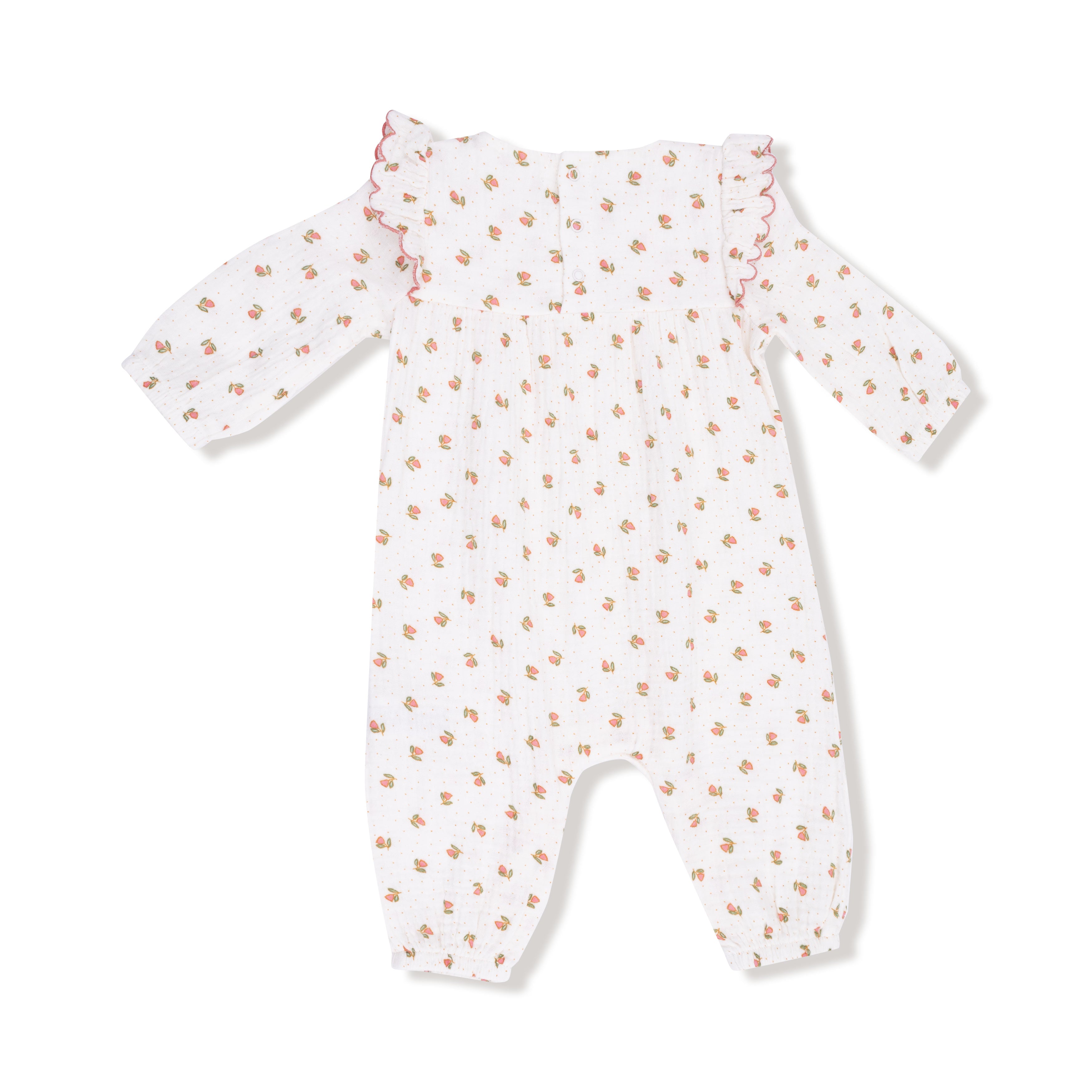 Long Sleeve Petal Ruffle Romper in our  Petite Pointe Fleur print from Angel Dear