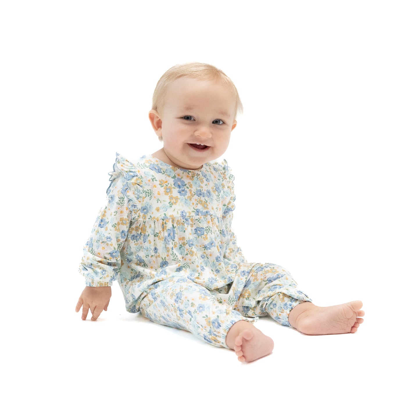 Long Sleeve Petal Ruffle Romper in our  Sweet Rose Calico print from Angel Dear