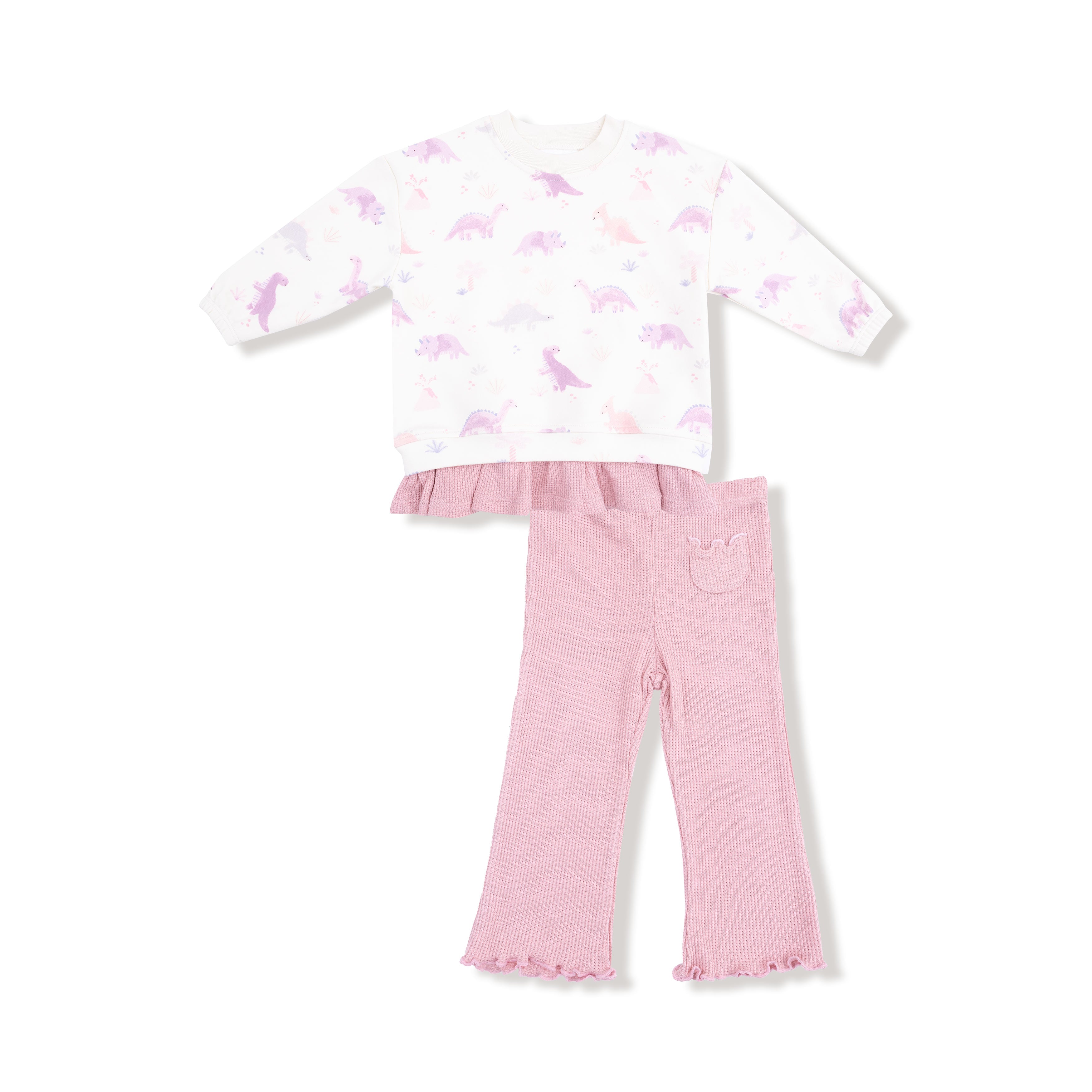 Pull Over Sweatshirt with Ruffle and Flare Pant in our  Soft Dinos- Purple print from Angel Dear