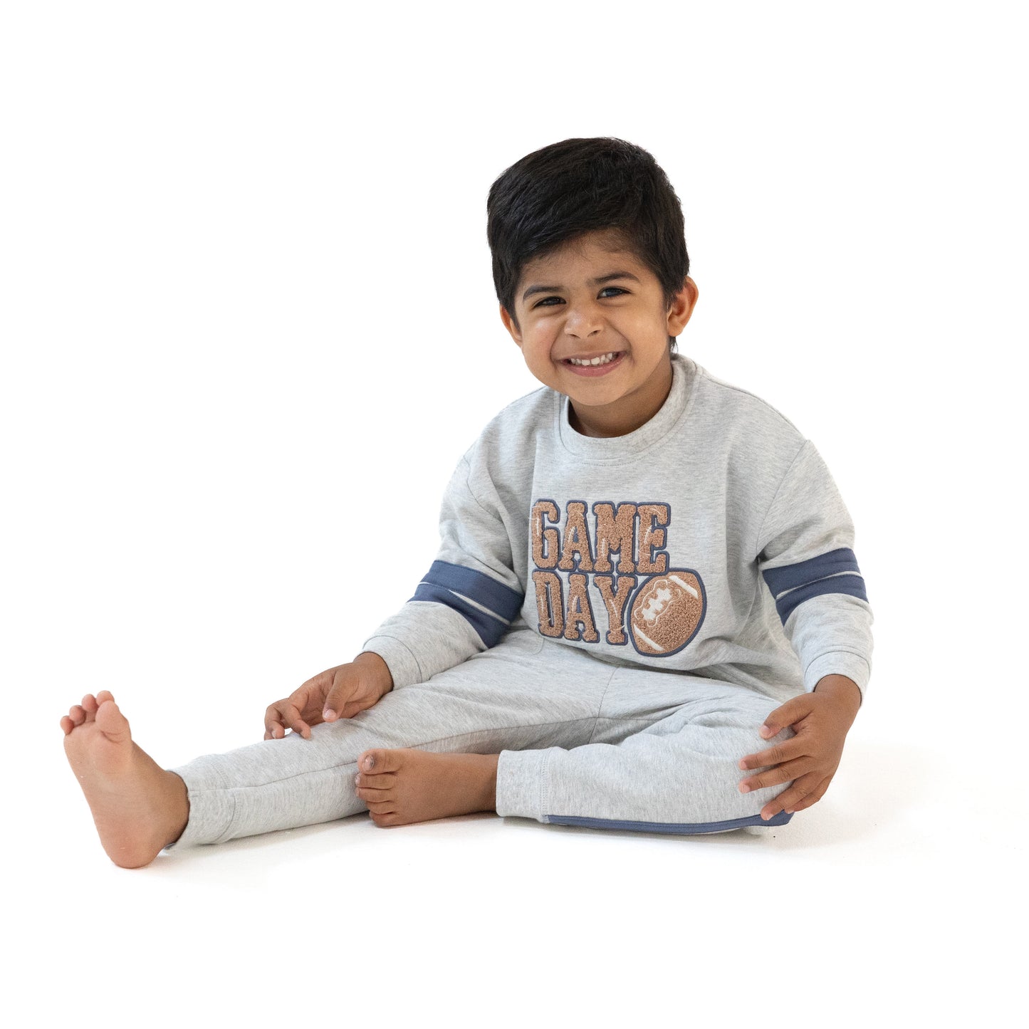 Cozy Drop Sleeve Sweatshirt with Varsity Stripes in our  Varsity - Light Grey print from Angel Dear