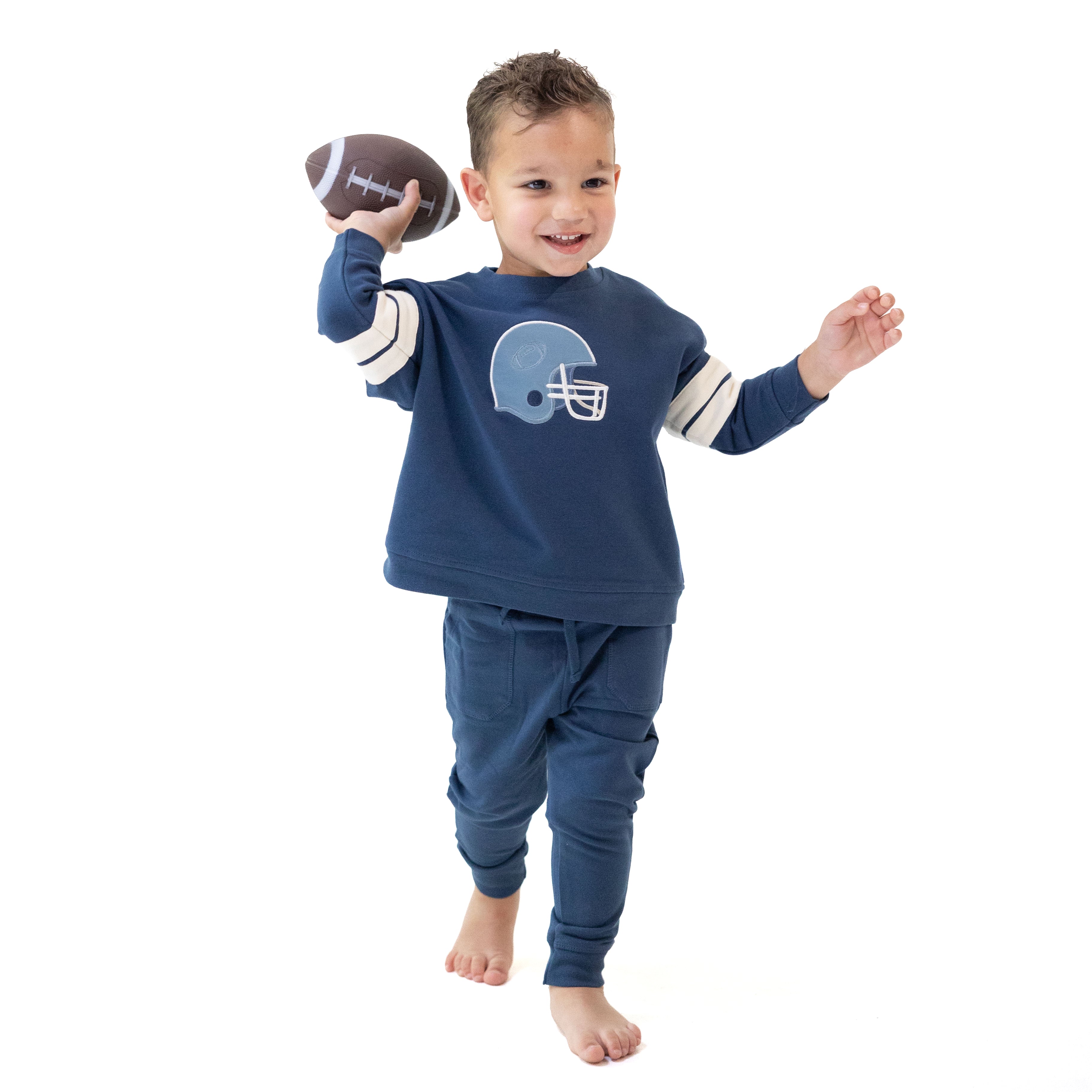 Football Helmets - Drop Sleeve Sweatshirt with Varsity Stripes Blue Helmet