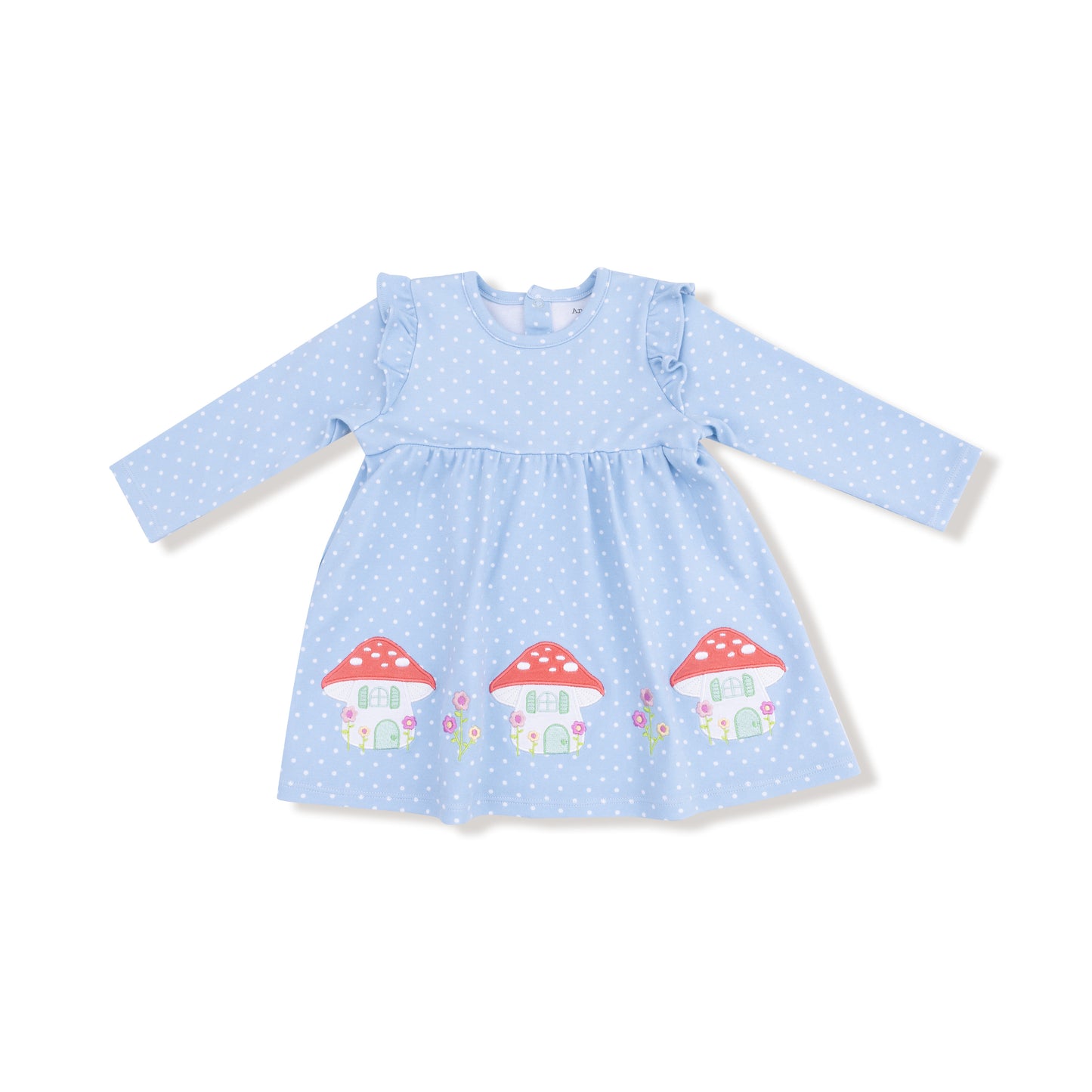 Mushroom House Long Sleeve Dress with Diaper Cover in our  Chambray Blue Dot print from Angel Dear