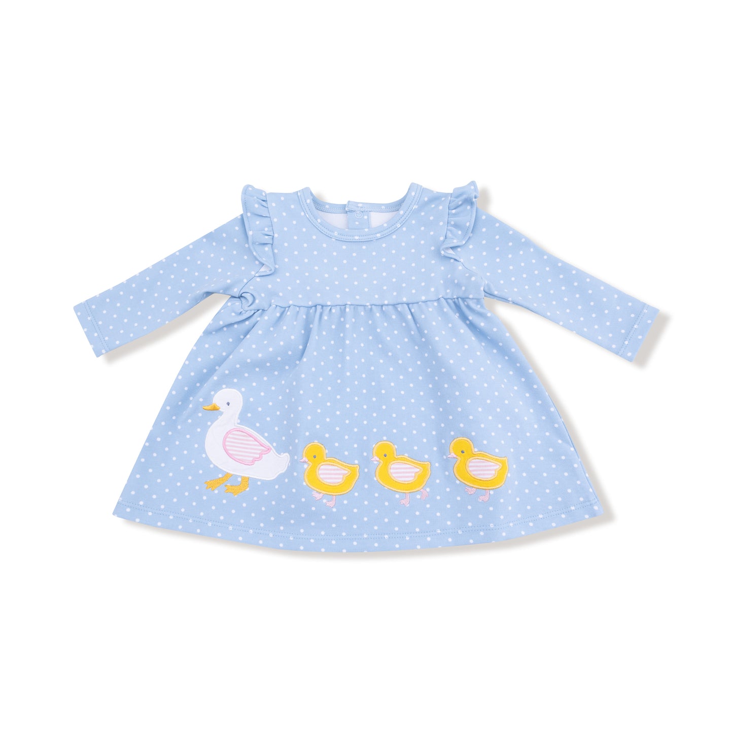 Duck Family Long Sleeve Dress with Diaper Cover in our  Chambray Blue Dot print from Angel Dear