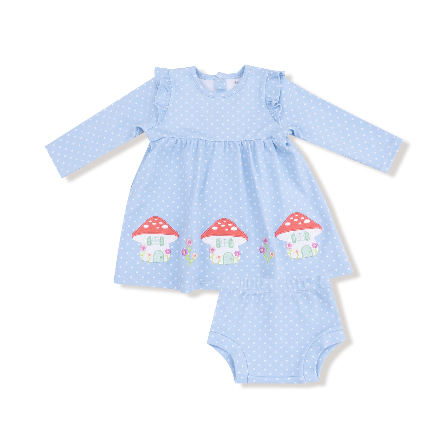 Mushroom House Long Sleeve Dress with Diaper Cover in our  Chambray Blue Dot print from Angel Dear