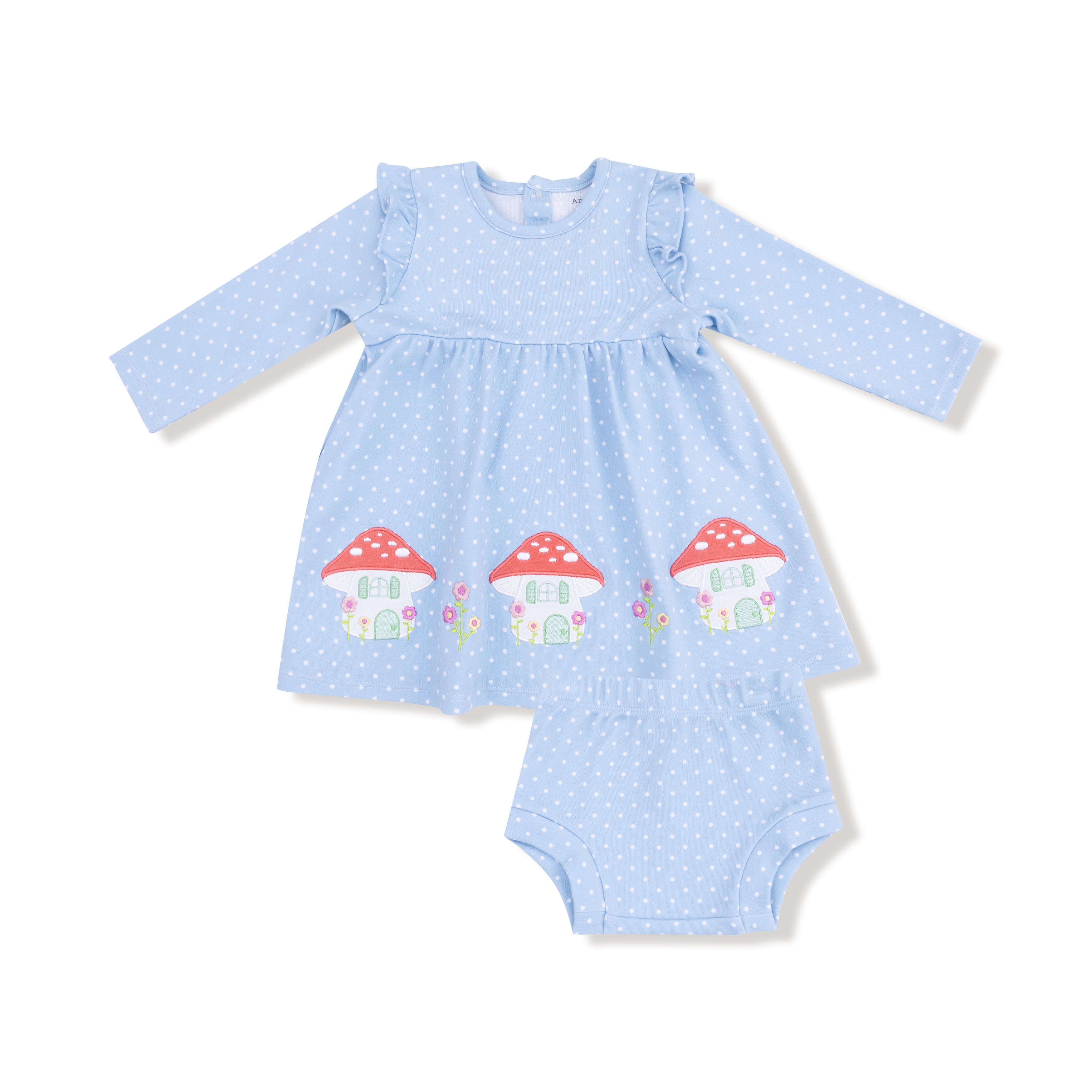 Mushroom House Long Sleeve Dress with Diaper Cover in our  Chambray Blue Dot print from Angel Dear
