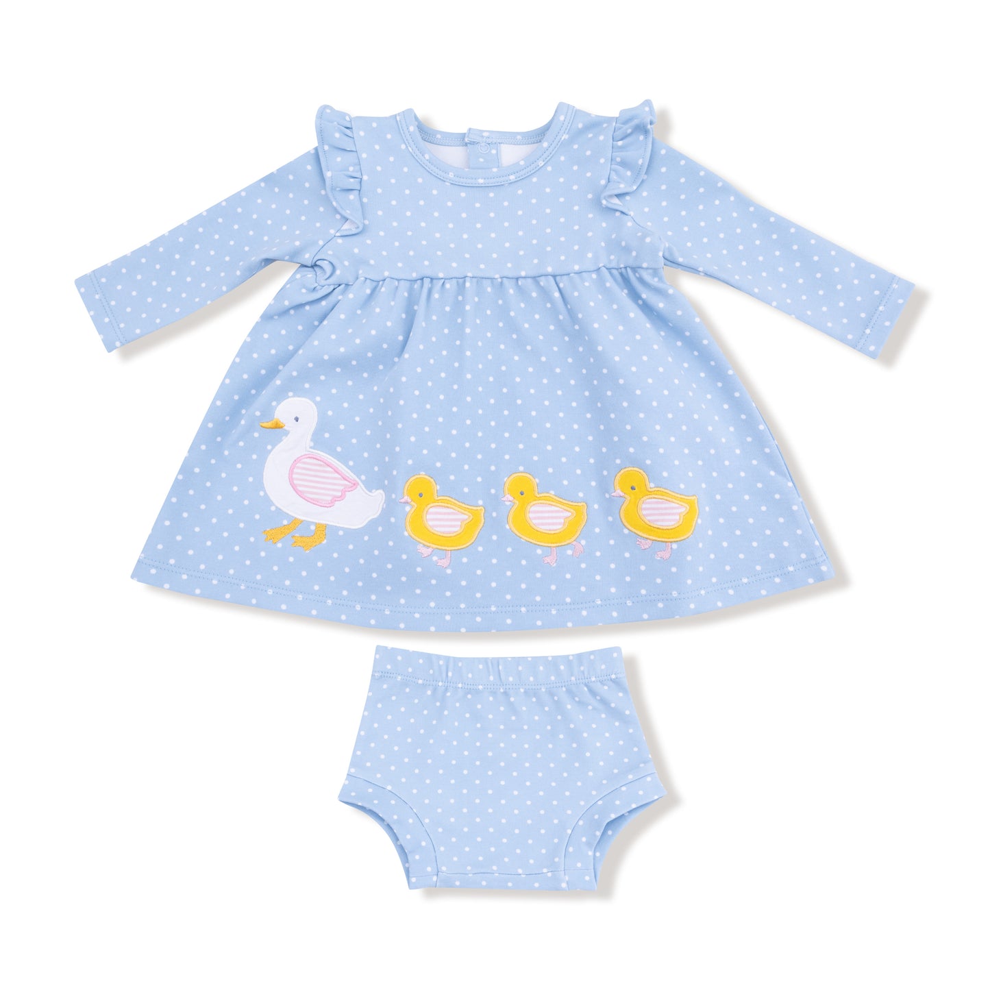 Duck Family Long Sleeve Dress with Diaper Cover in our  Chambray Blue Dot print from Angel Dear