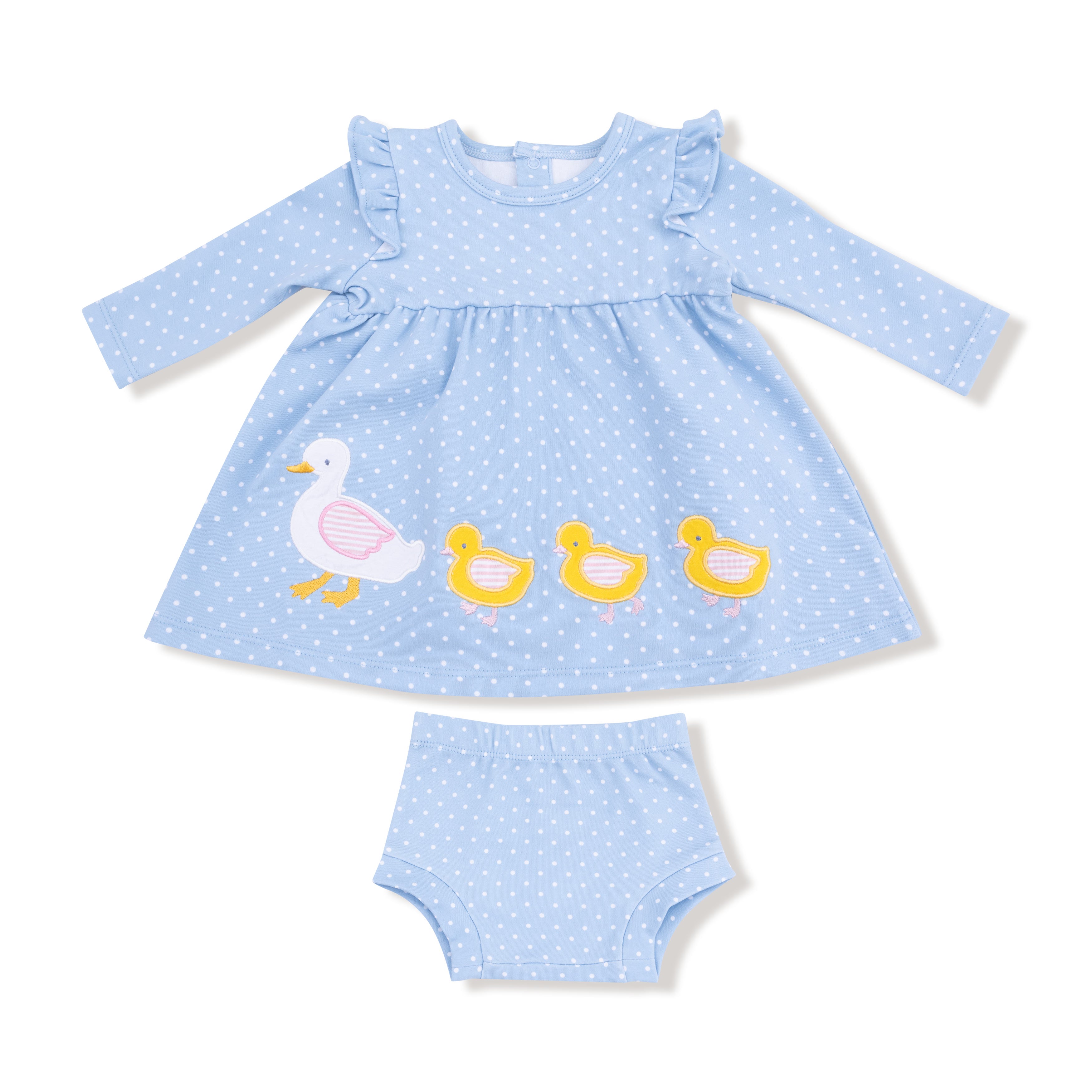 Duck Family Long Sleeve Dress with Diaper Cover in our  Chambray Blue Dot print from Angel Dear