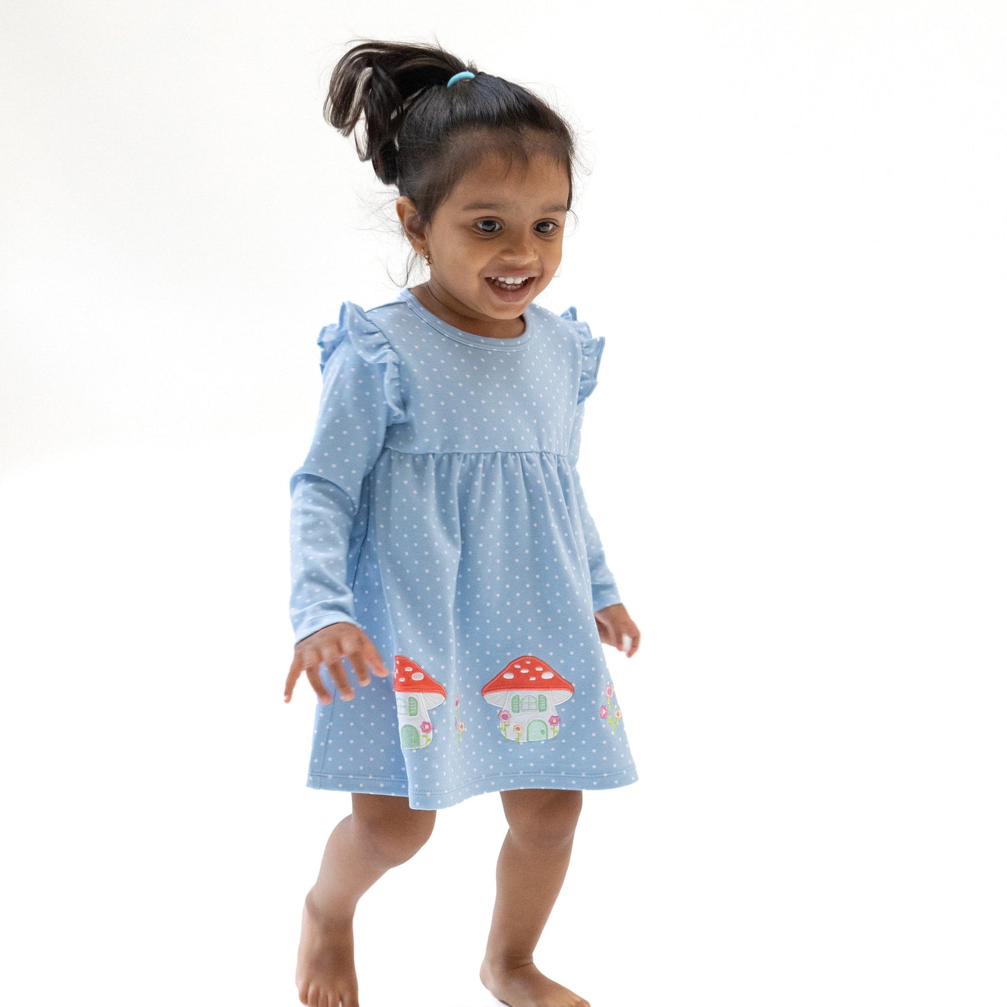 Mushroom House Long Sleeve Dress with Diaper Cover in our  Chambray Blue Dot print from Angel Dear