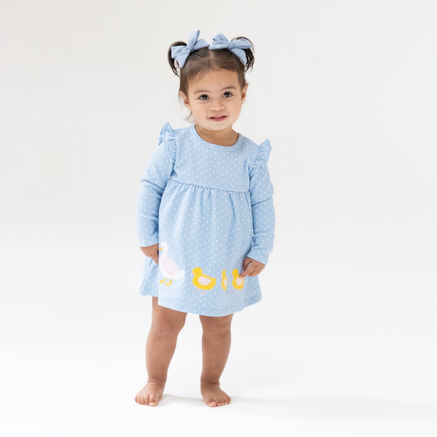 Duck Family Long Sleeve Dress with Diaper Cover in our  Chambray Blue Dot print from Angel Dear