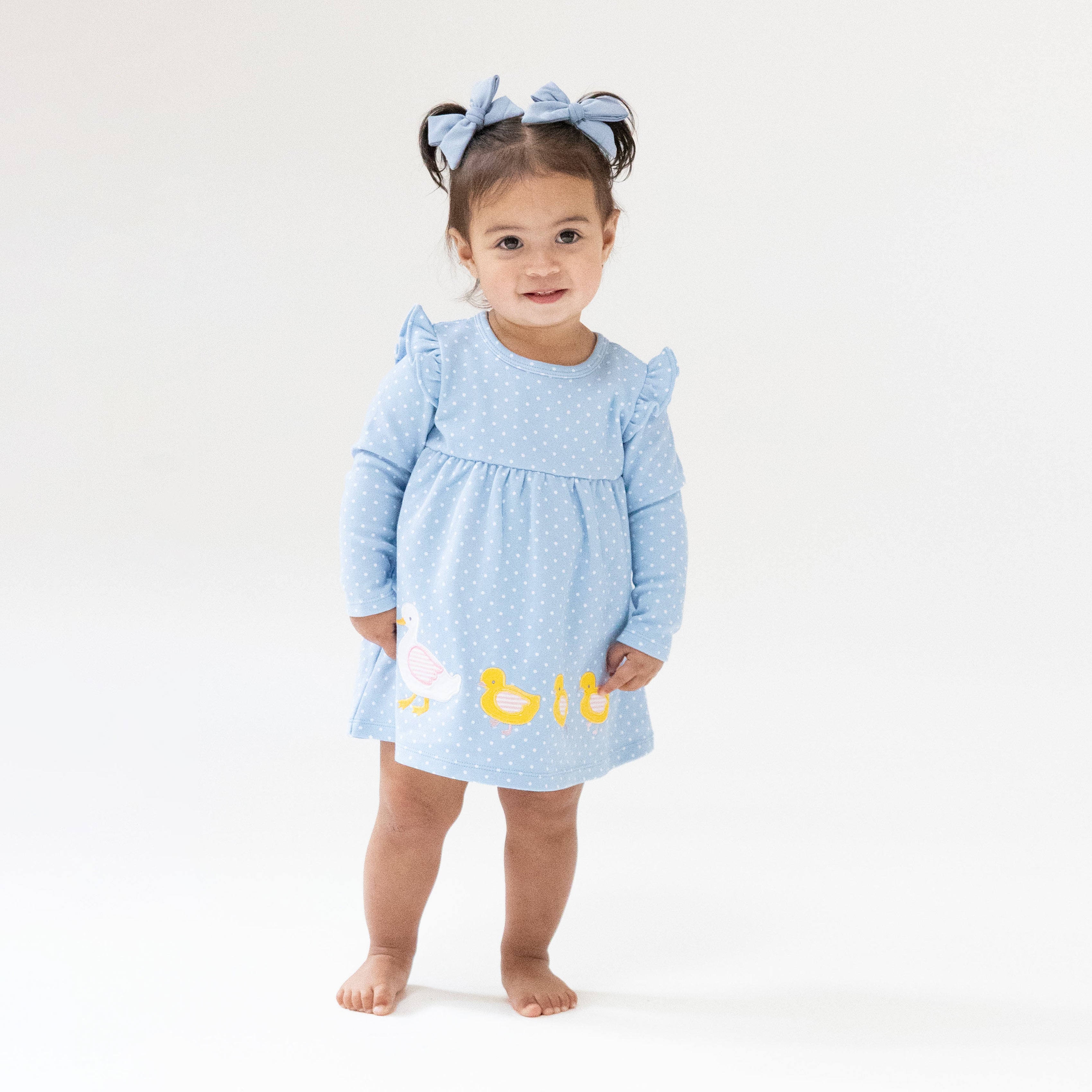 Duck Family Long Sleeve Dress with Diaper Cover in our  Chambray Blue Dot print from Angel Dear