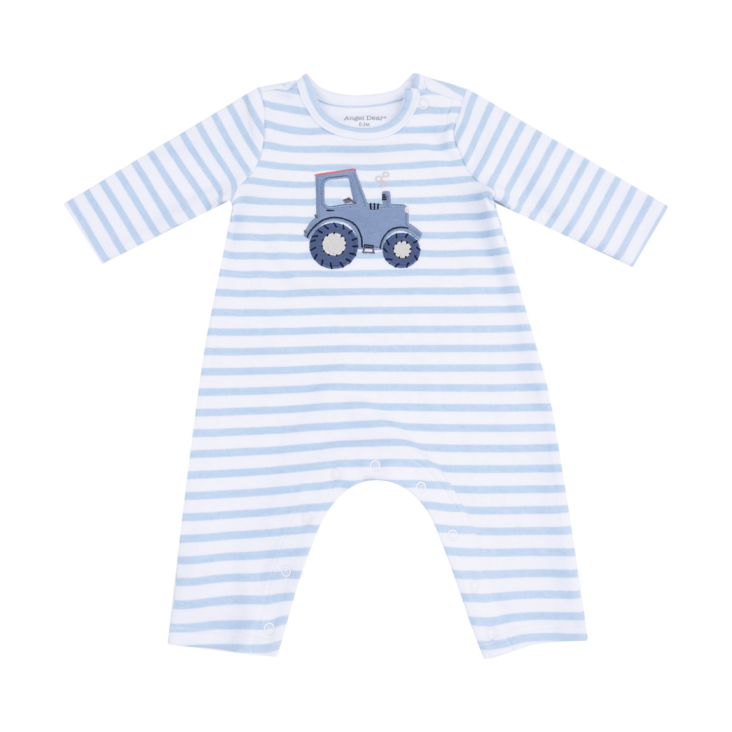 Long Sleeve Snap Shoulder Romper in our  Mini Tractors print from Angel Dear