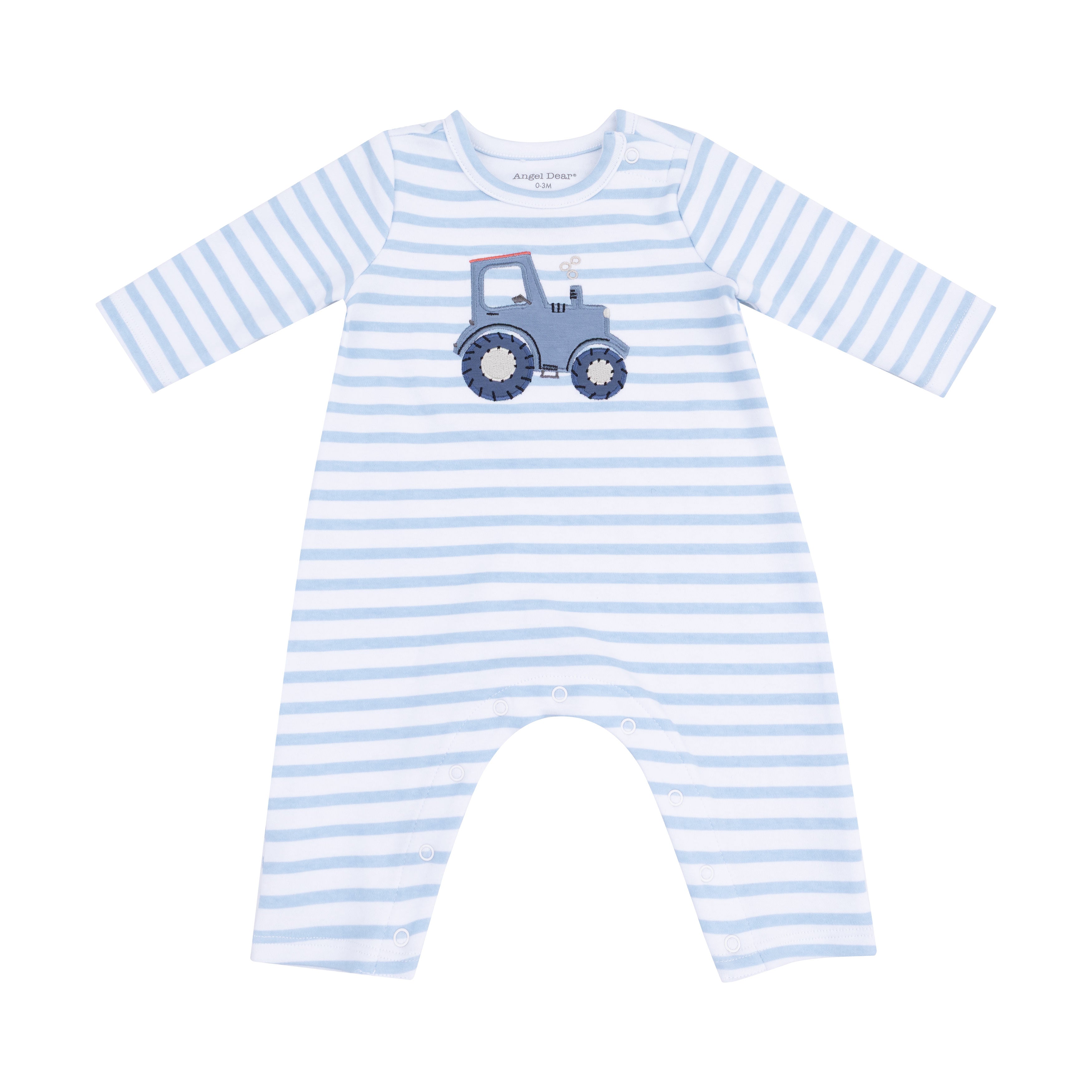 Long Sleeve Snap Shoulder Romper in our  Mini Tractors print from Angel Dear