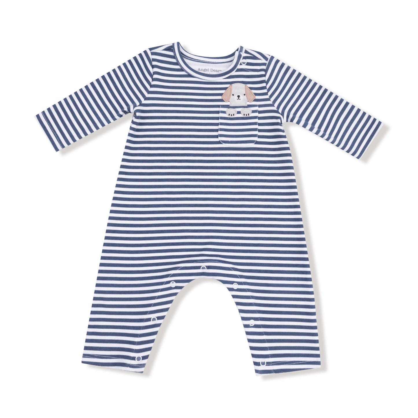 Long Sleeve Snap Shoulder Romper in our  Stripes With Puppy Detailing  print from Angel Dear