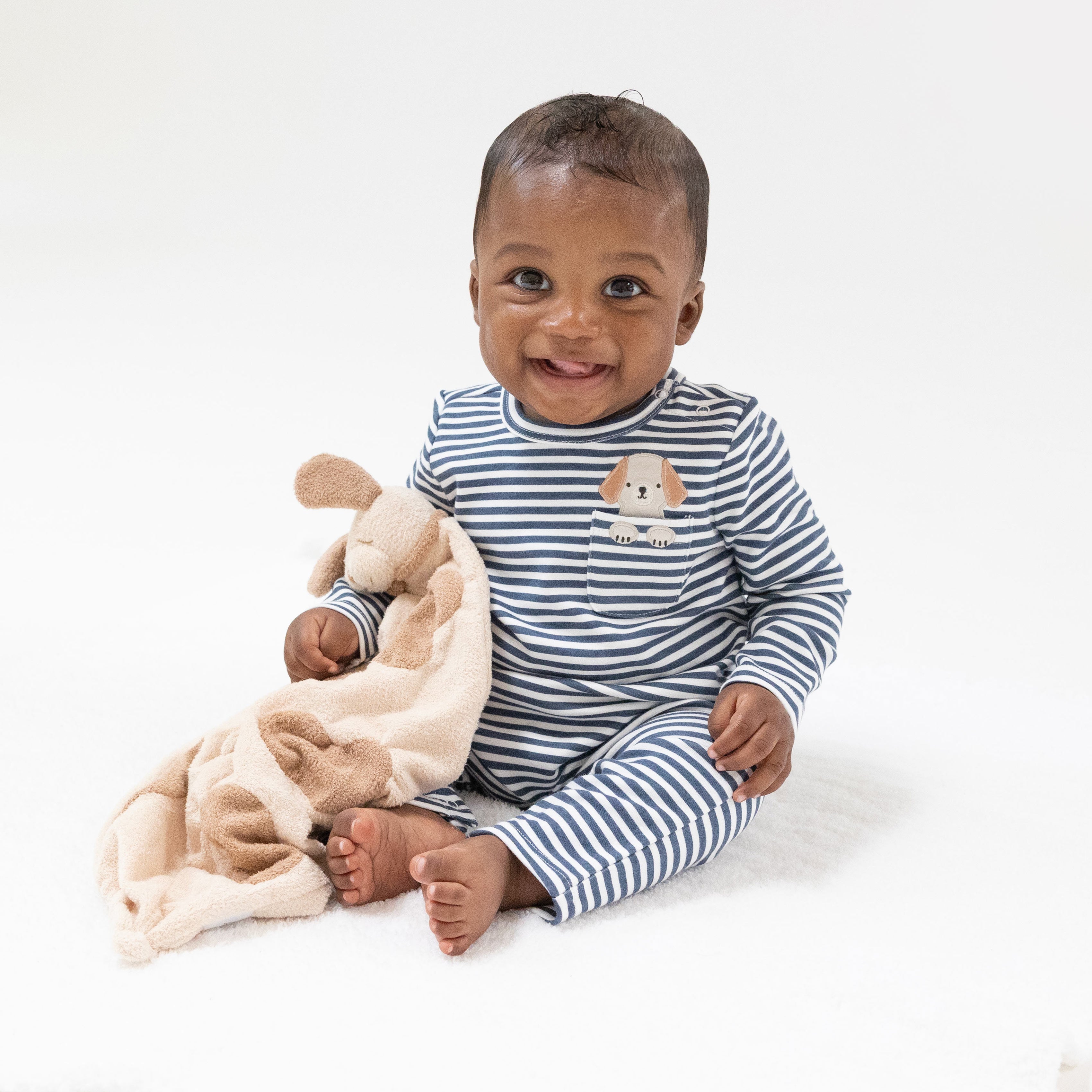 Long Sleeve Snap Shoulder Romper in our  Stripes With Puppy Detailing  print from Angel Dear