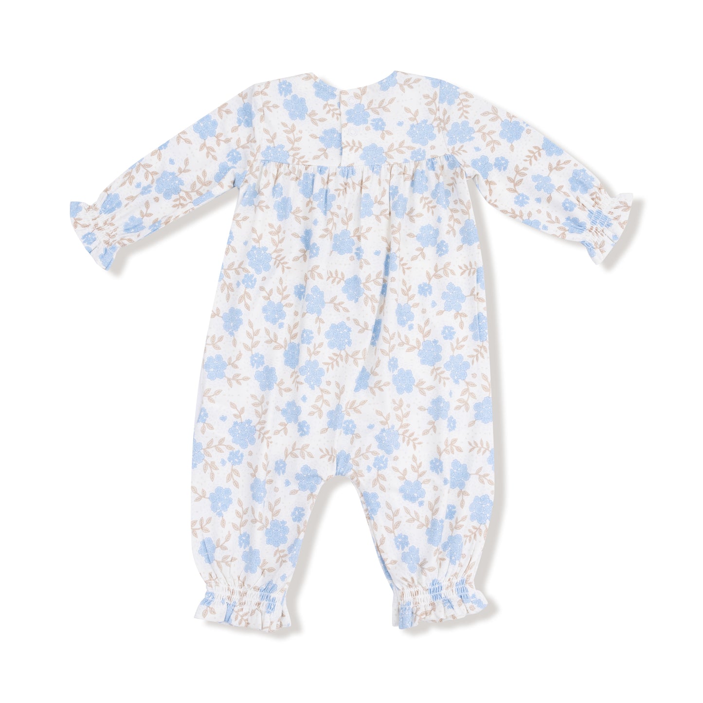 Smocked Romper in our  Baby Blue Floral print from Angel Dear