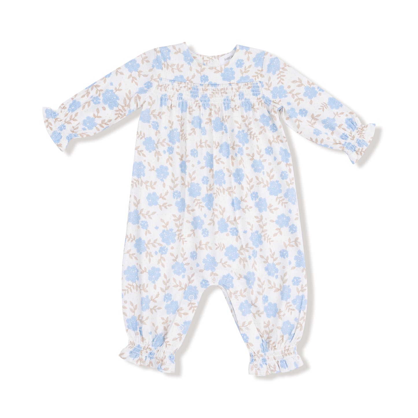 Smocked Romper in our  Baby Blue Floral print from Angel Dear