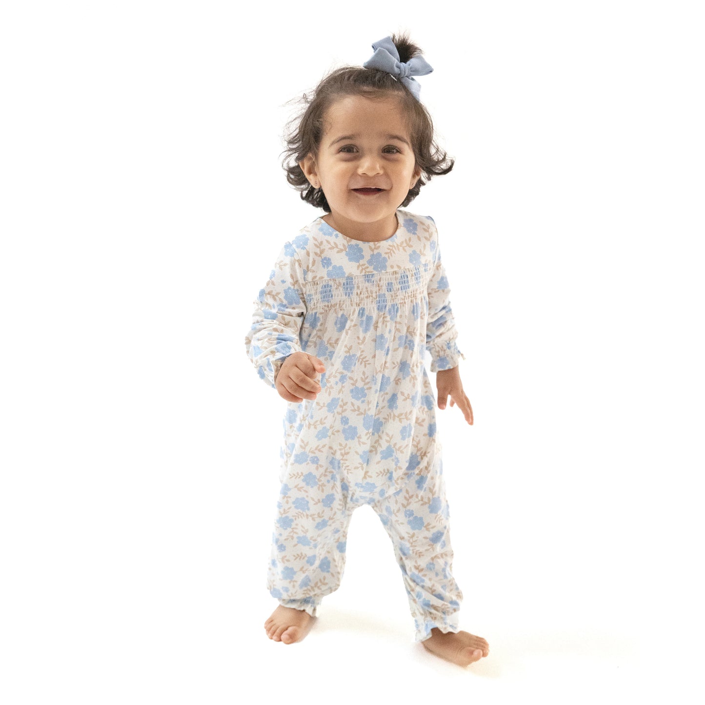 Smocked Romper in our  Baby Blue Floral print from Angel Dear