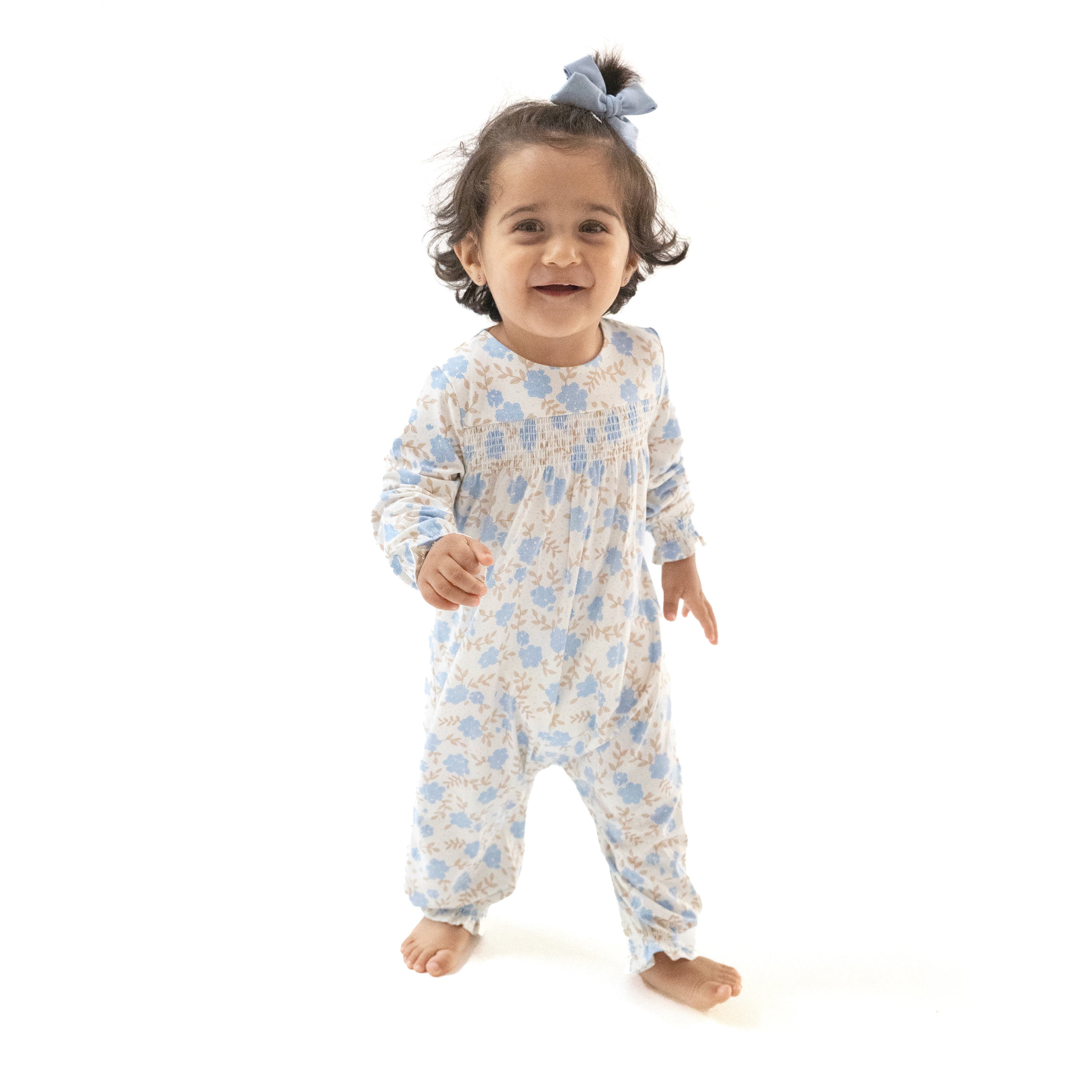 Smocked Romper in our  Baby Blue Floral print from Angel Dear