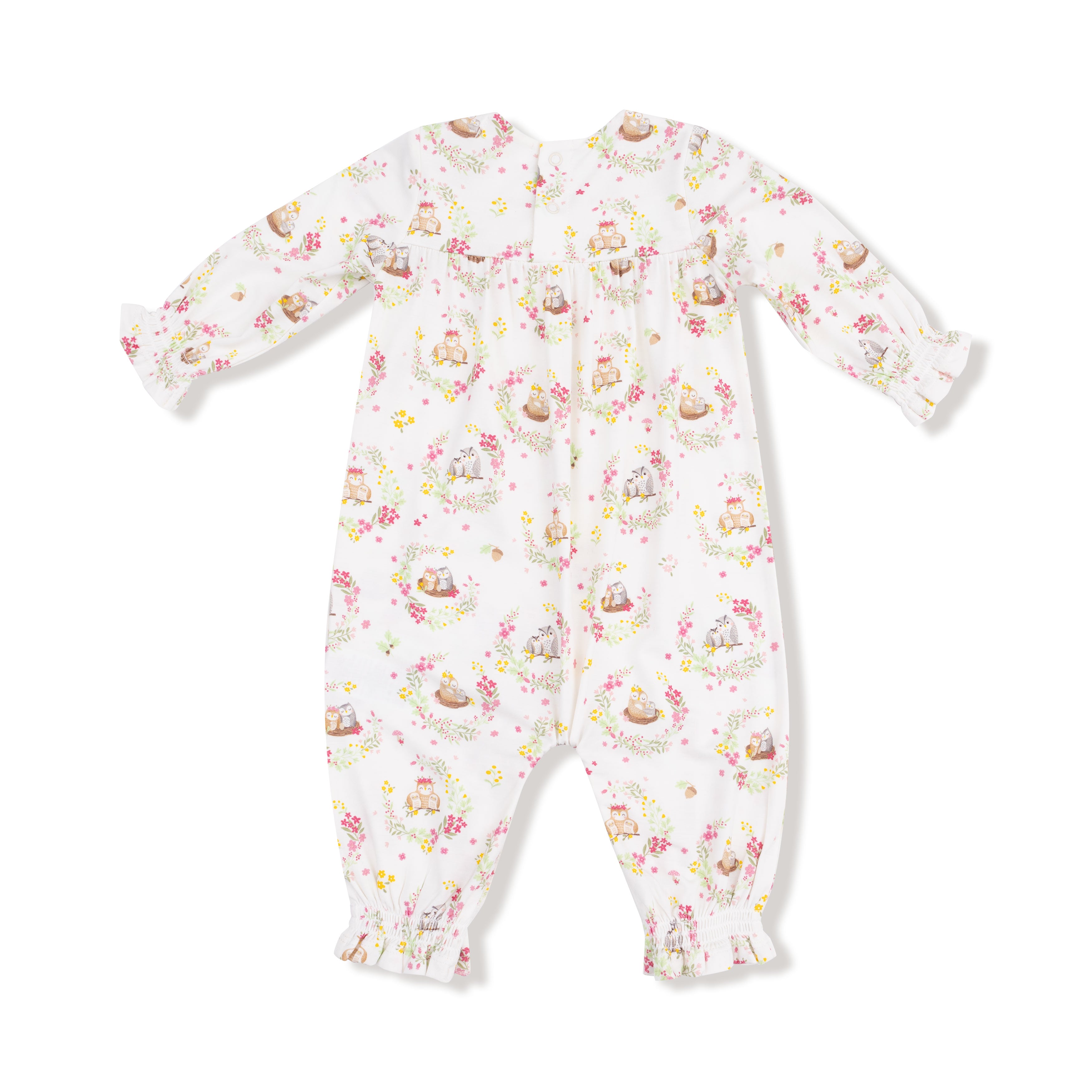 Smocked Romper in our  Floral Owl Families print from Angel Dear