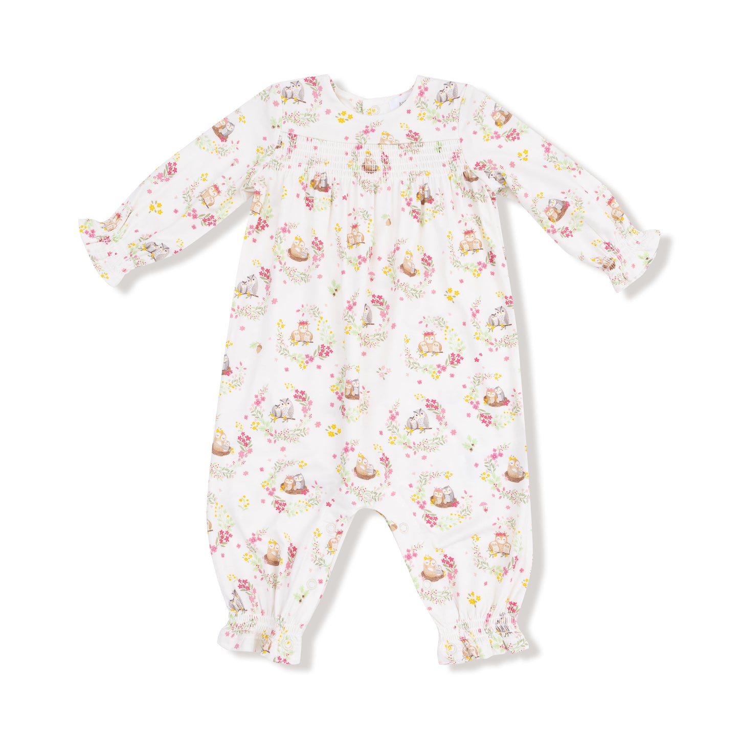 Smocked Romper in our  Floral Owl Families print from Angel Dear