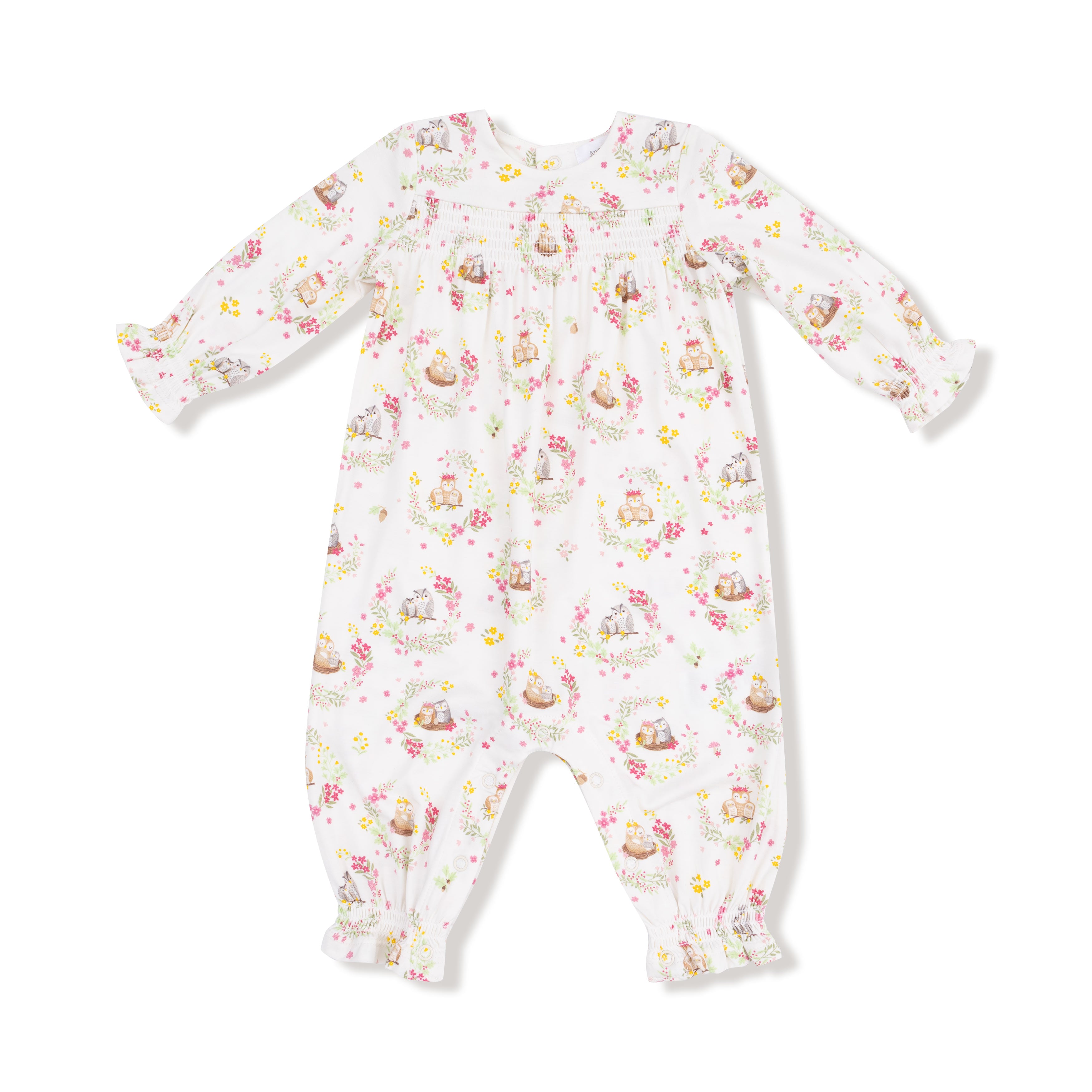 Smocked Romper in our  Floral Owl Families print from Angel Dear