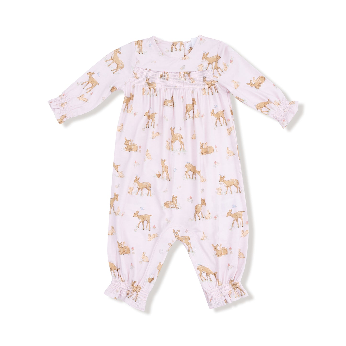 Smocked Long Sleeve Romper in our  Little Fawn print from Angel Dear