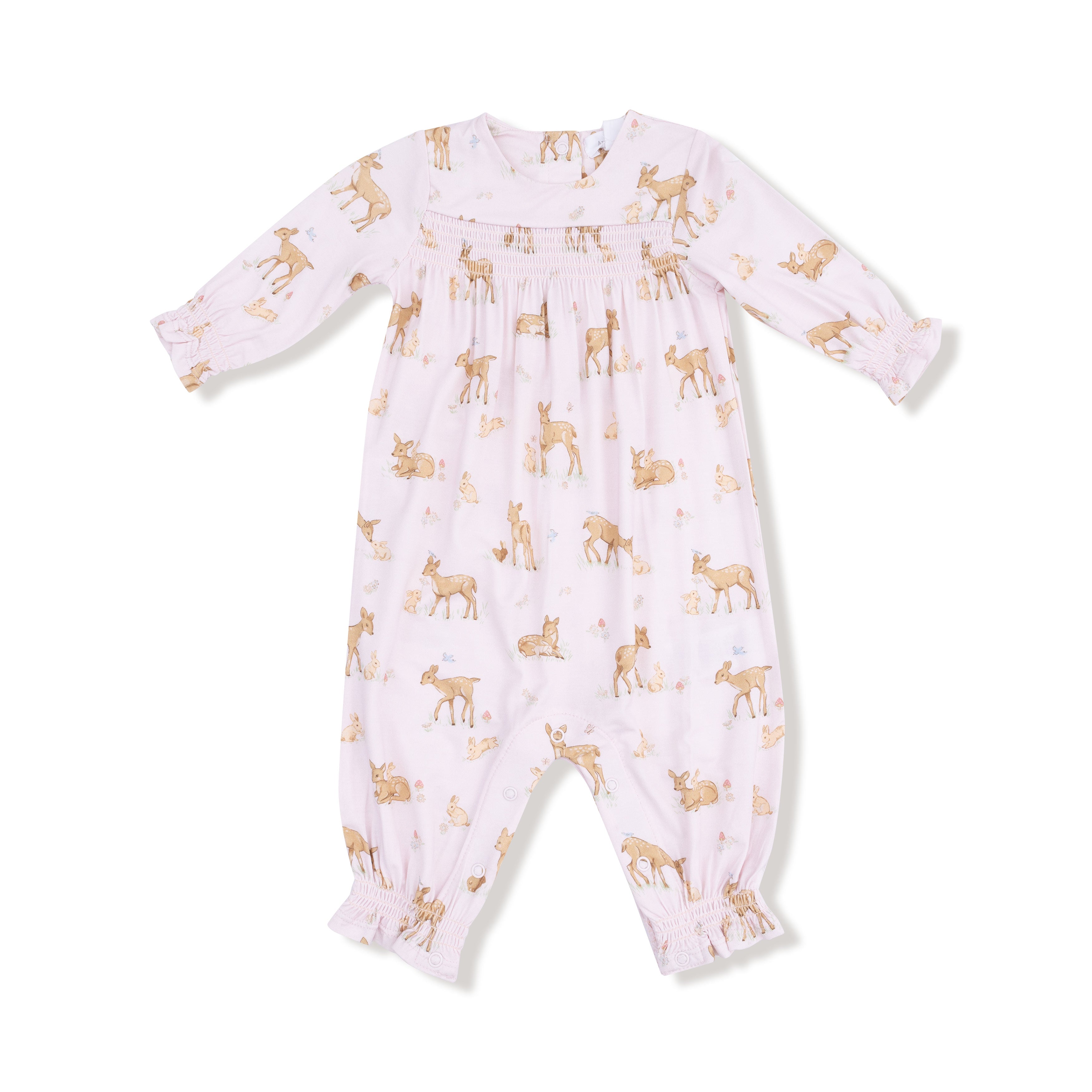 Smocked Long Sleeve Romper in our  Little Fawn print from Angel Dear