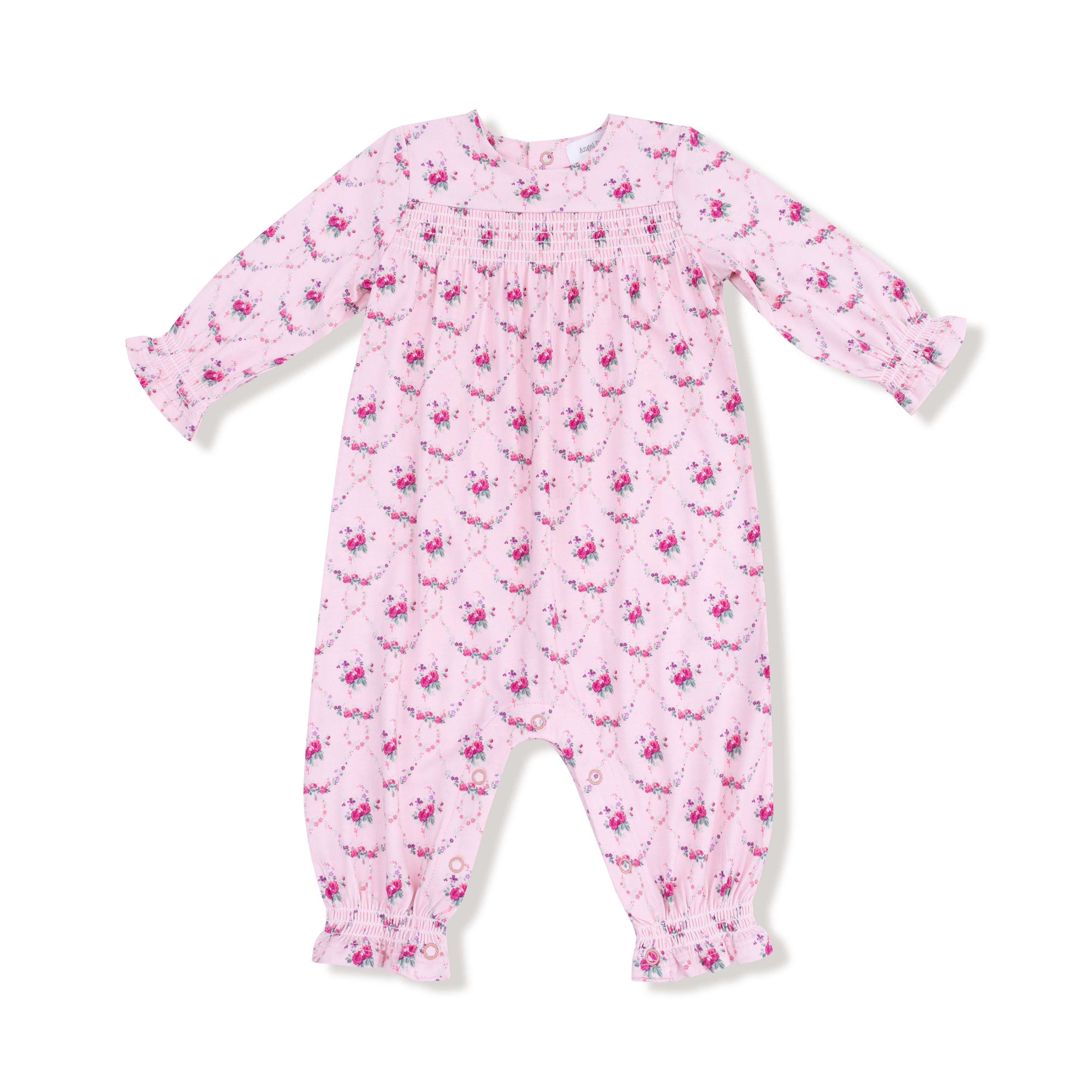 Smocked Romper in our  Rose Garden Trellis print from Angel Dear