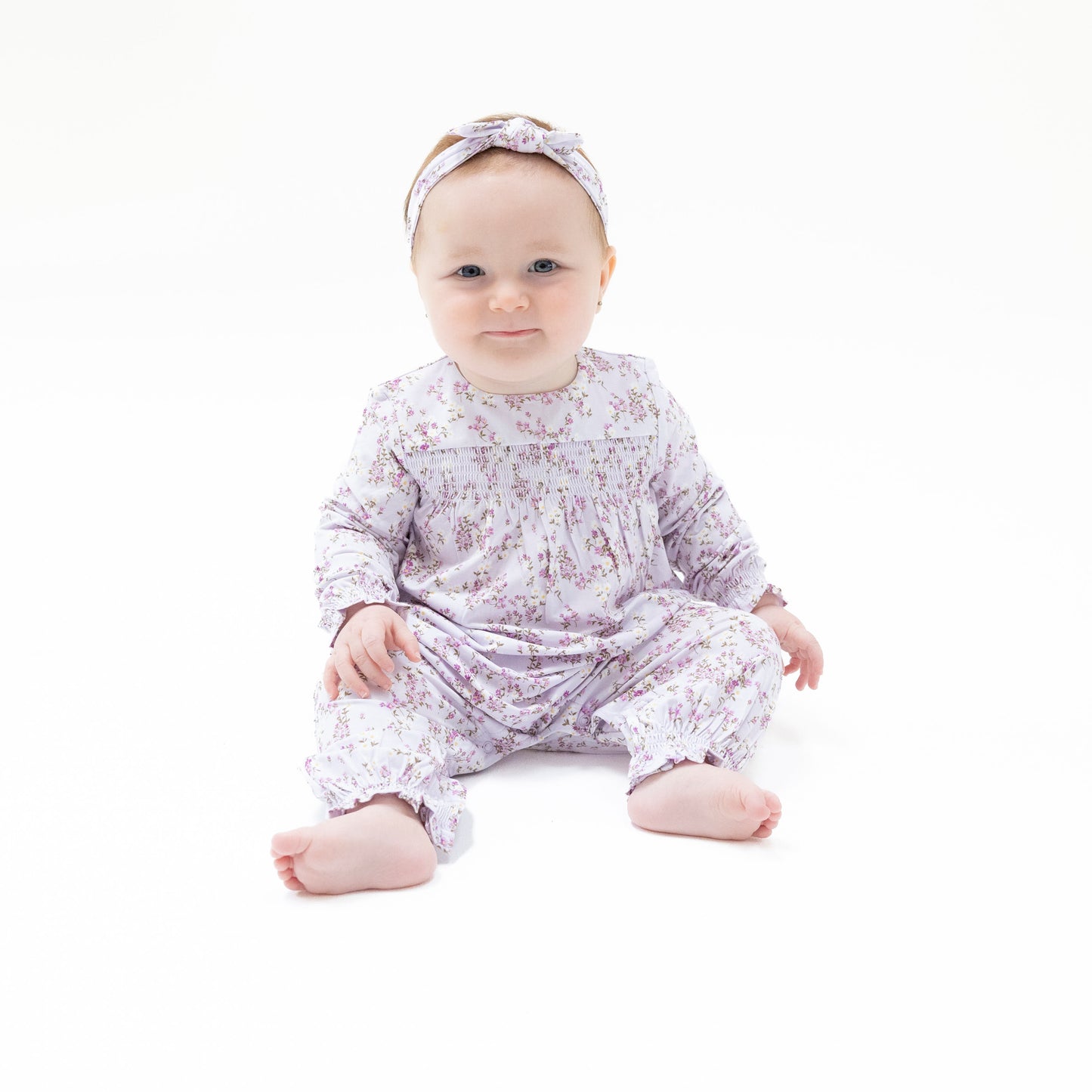 Smocked Long Sleeve Romper in our  Sweet Dream Florals print from Angel Dear