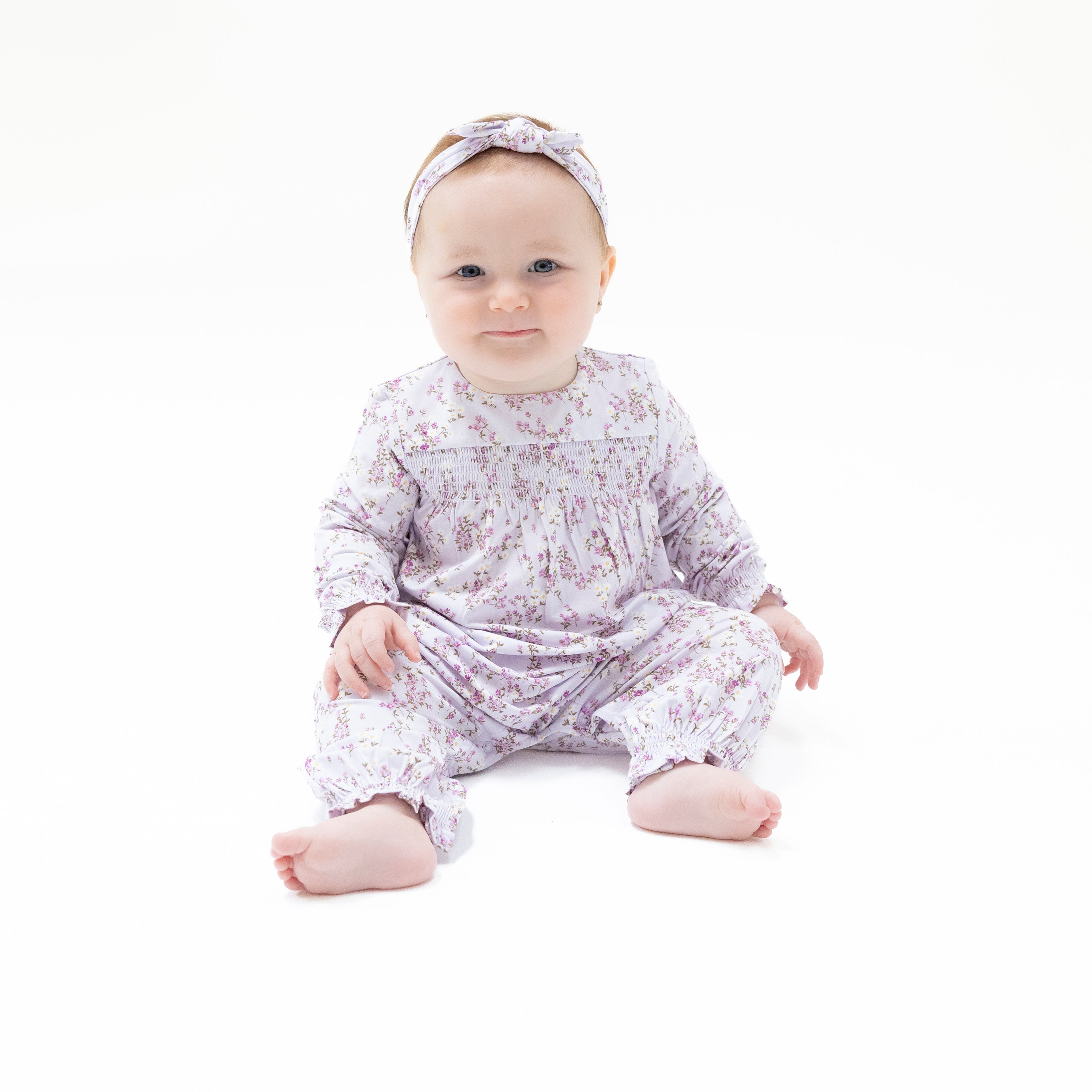 Smocked Long Sleeve Romper in our  Sweet Dream Florals print from Angel Dear