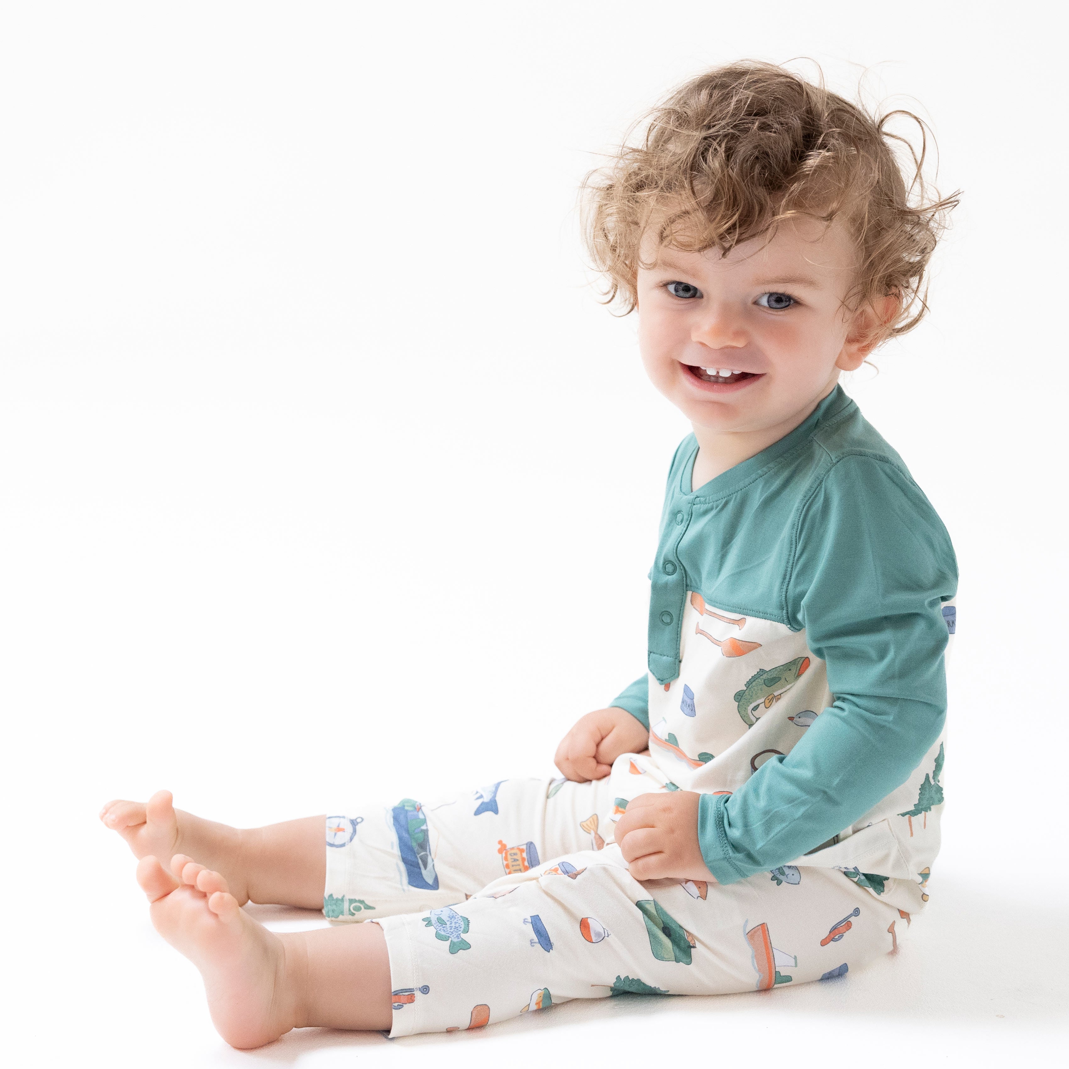 Romper with Contrast Sleeves in our  Fishing Things print from Angel Dear