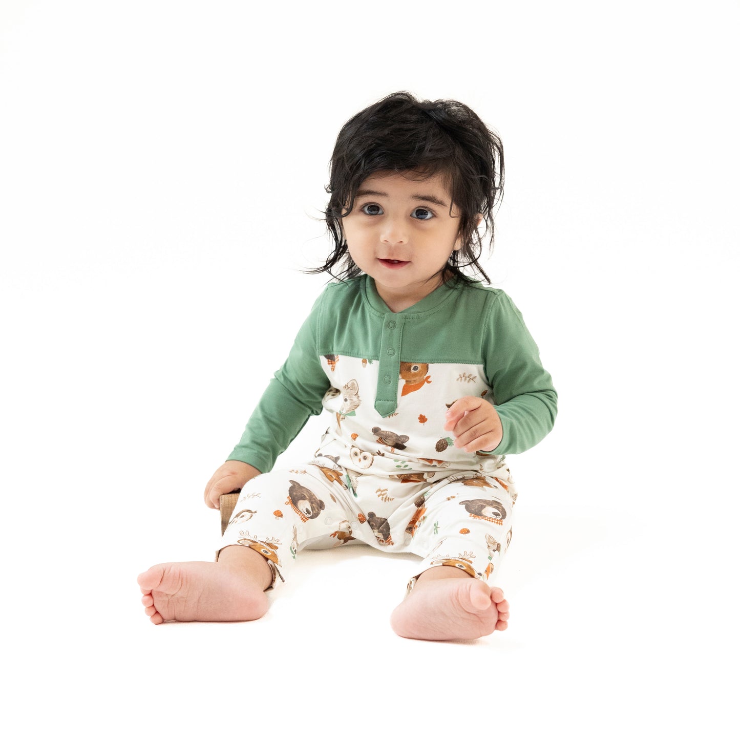 Romper with Contrast Sleeves in our  Woodland Animal Faces print from Angel Dear