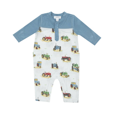 Romper W/ Contrast Sleeve - Vintage Tractors-Angel Dear