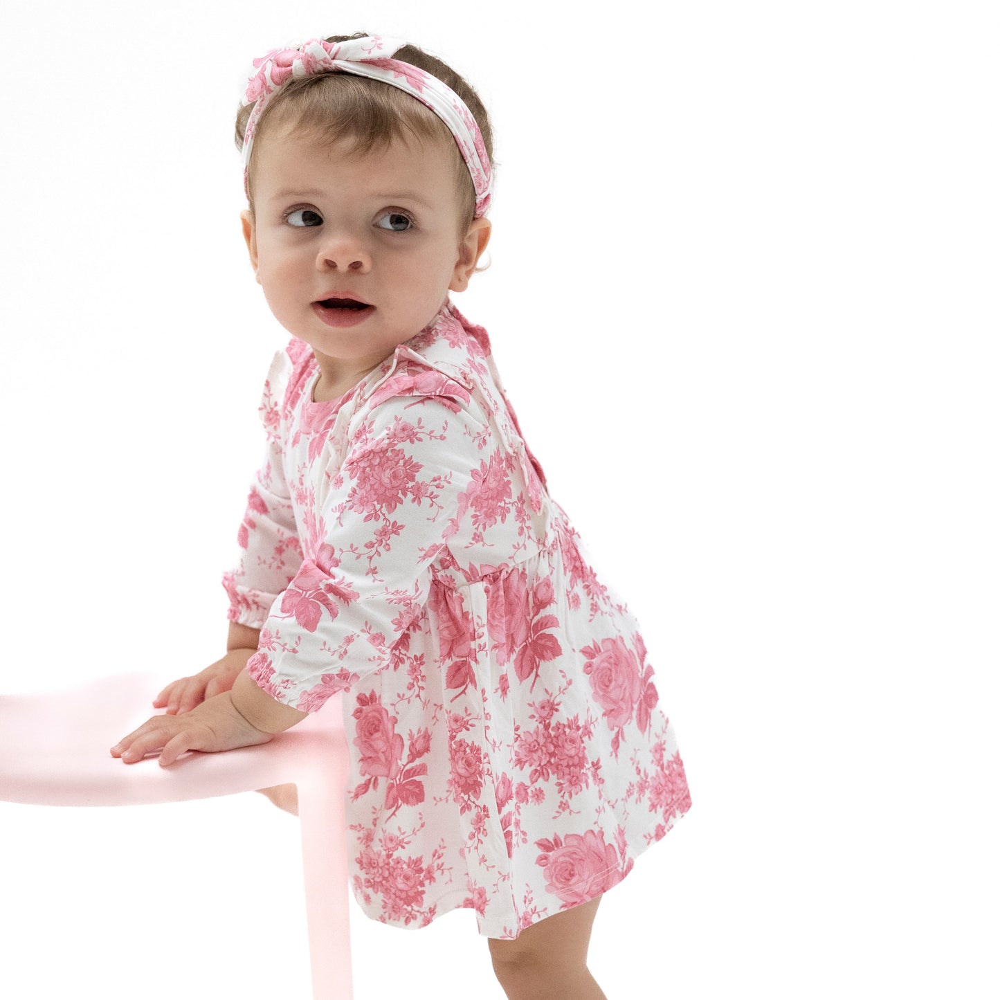 Ruffle Long Sleeve Bodysuit Dress in our  Vintage Pink Roses print from Angel Dear