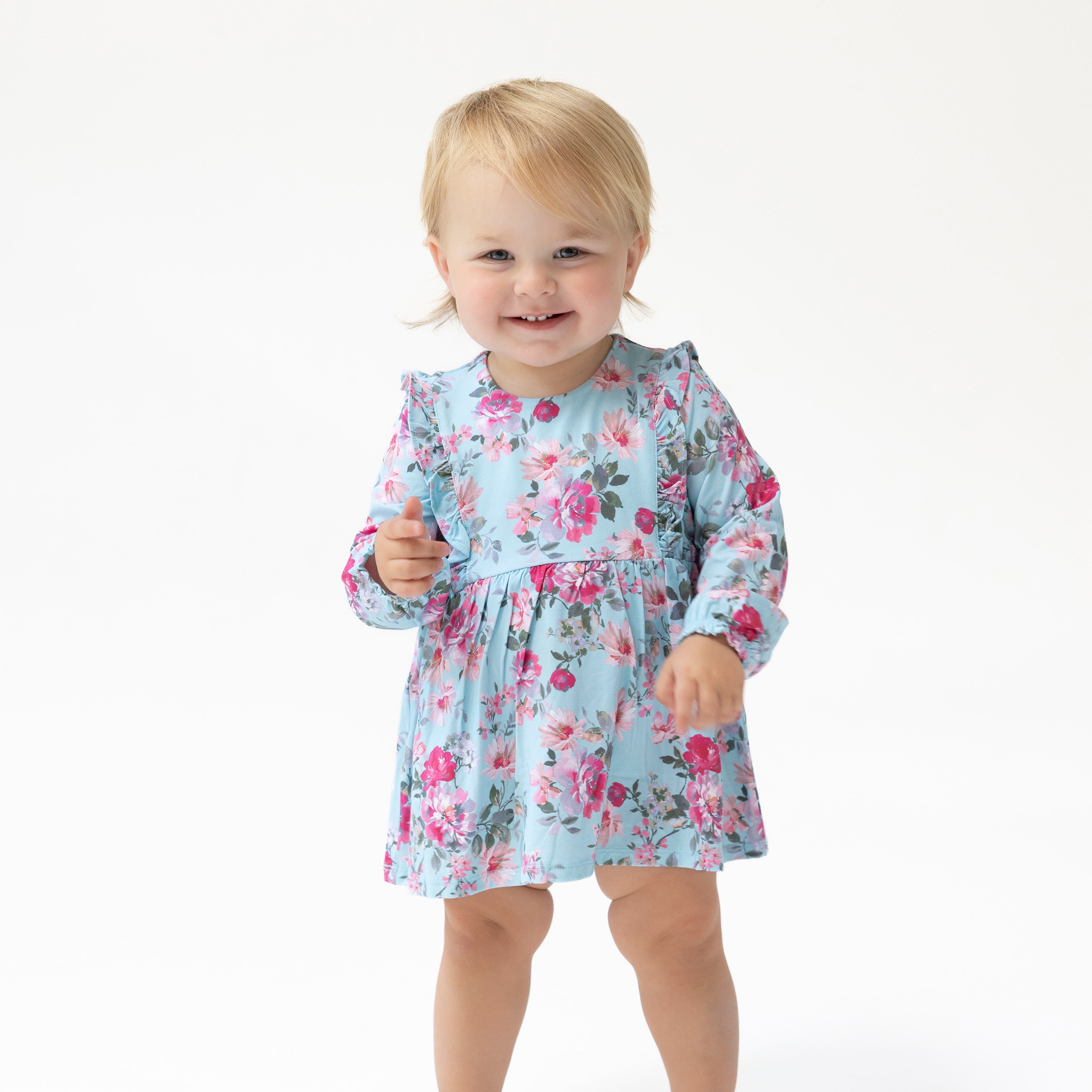 Ruffle Long Sleeve Bodysuit Dress in our  Charlotte Floral print from Angel Dear