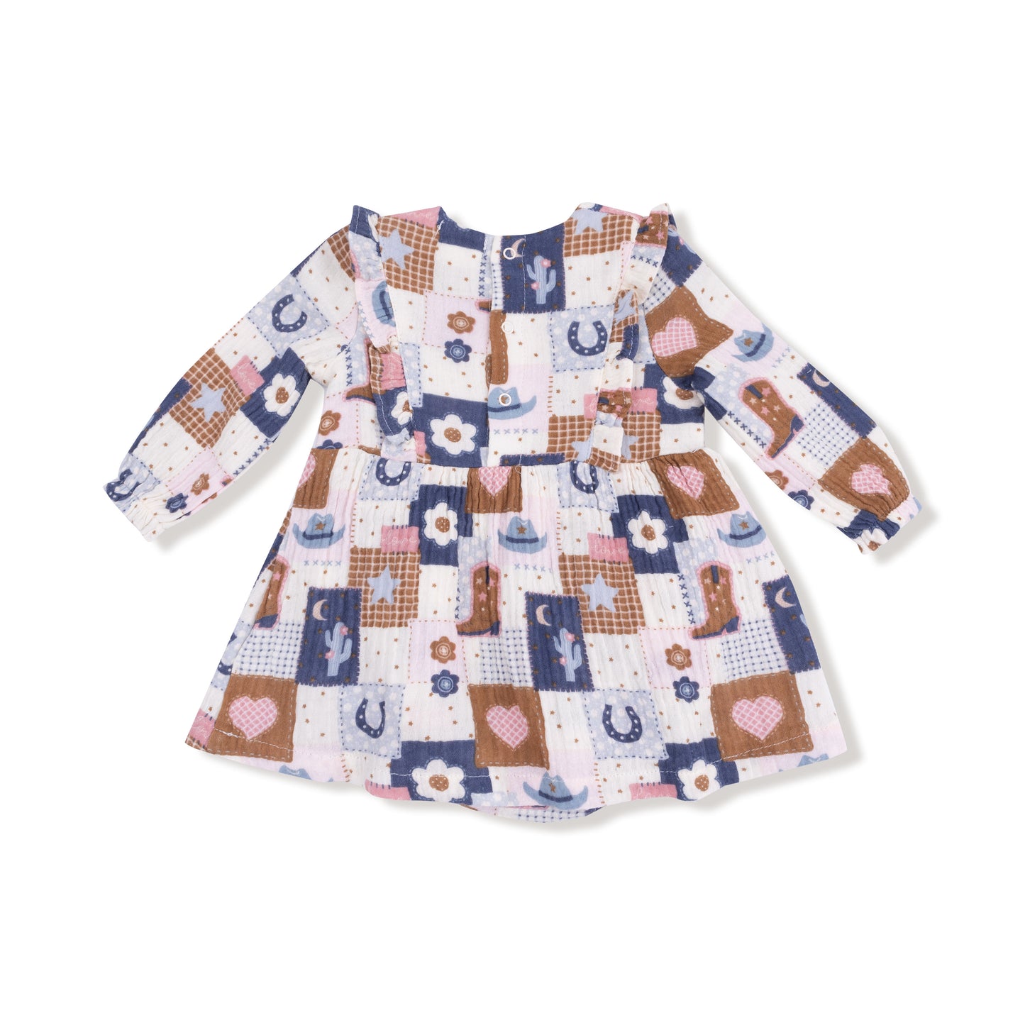 Ruffle Long Sleeve Bubble with Skirt in our  Patchwork Cowgirl print from Angel Dear