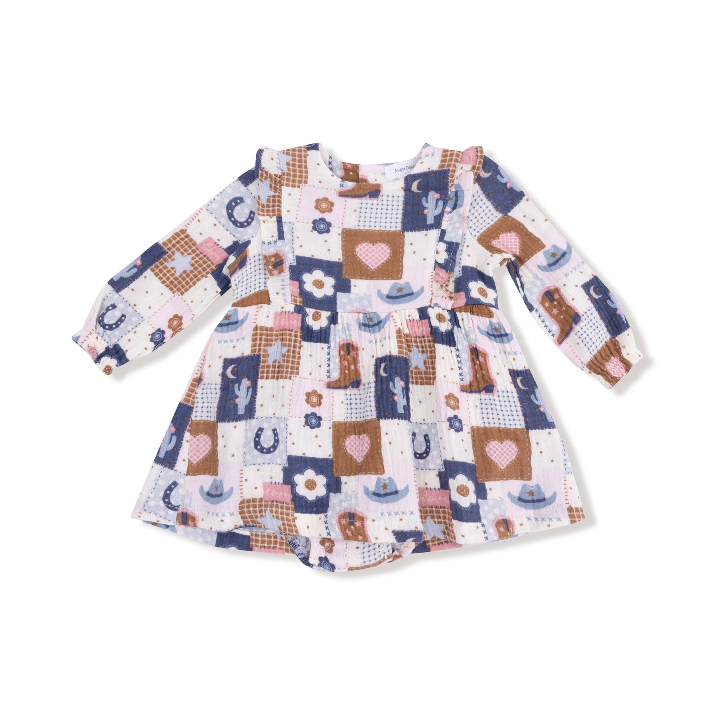 Ruffle Long Sleeve Bubble with Skirt in our  Patchwork Cowgirl print from Angel Dear
