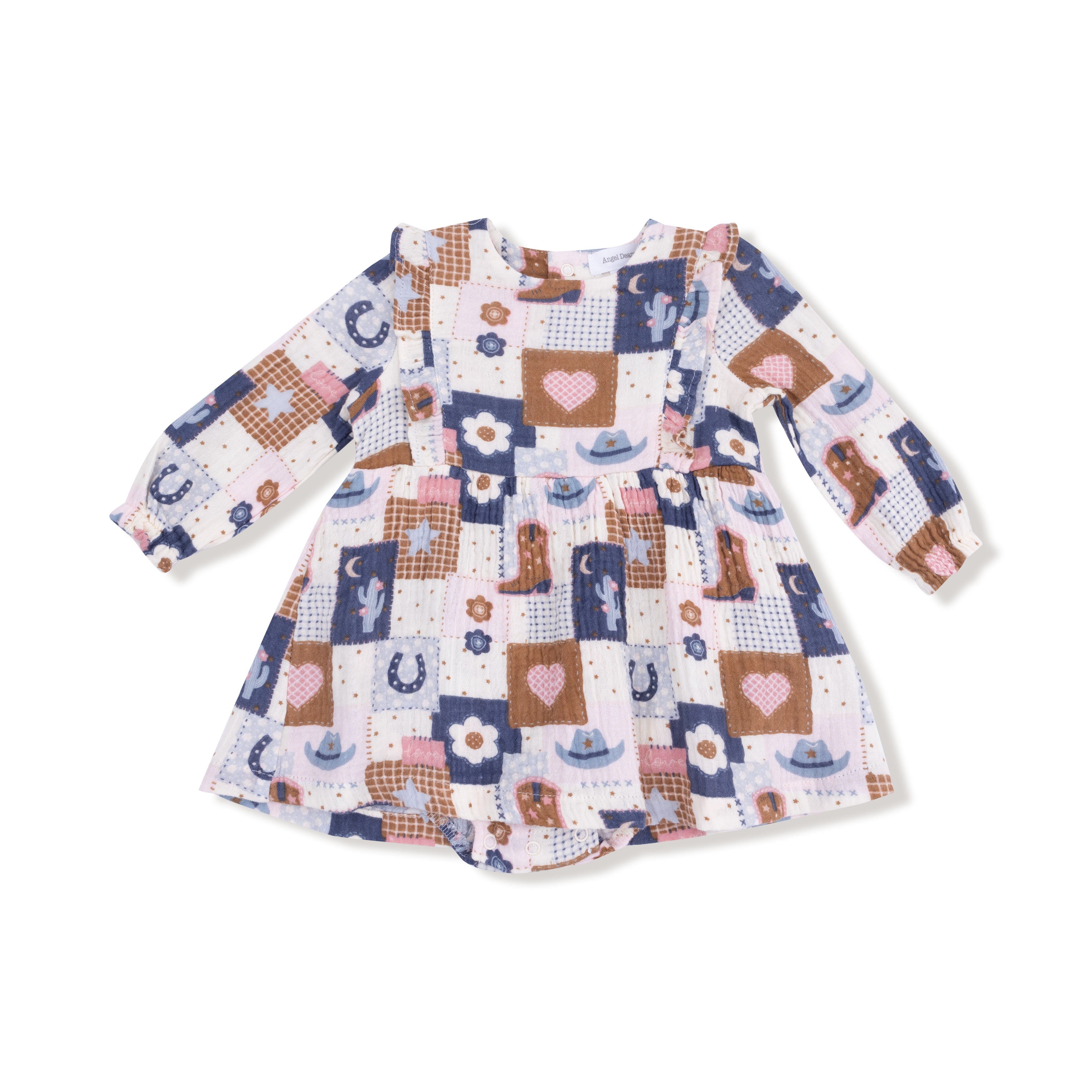 Ruffle Long Sleeve Bubble with Skirt in our  Patchwork Cowgirl print from Angel Dear